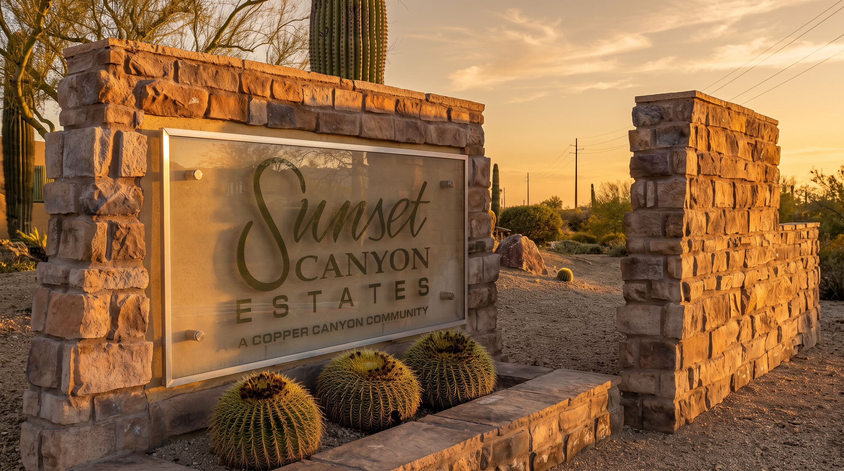 This image features the stone-clad monument sign for the Sunset Canyon Estates community, set against a bright, clear sky. The sign is constructed from textured, earth-toned stone blocks and features a central glass panel with elegant typography, accented by three large, rounded barrel cacti planted in the foreground. The perspective is a straight-on, eye-level shot that highlights the desert-inspired landscaping and the welcoming entrance aesthetic of the neighborhood.