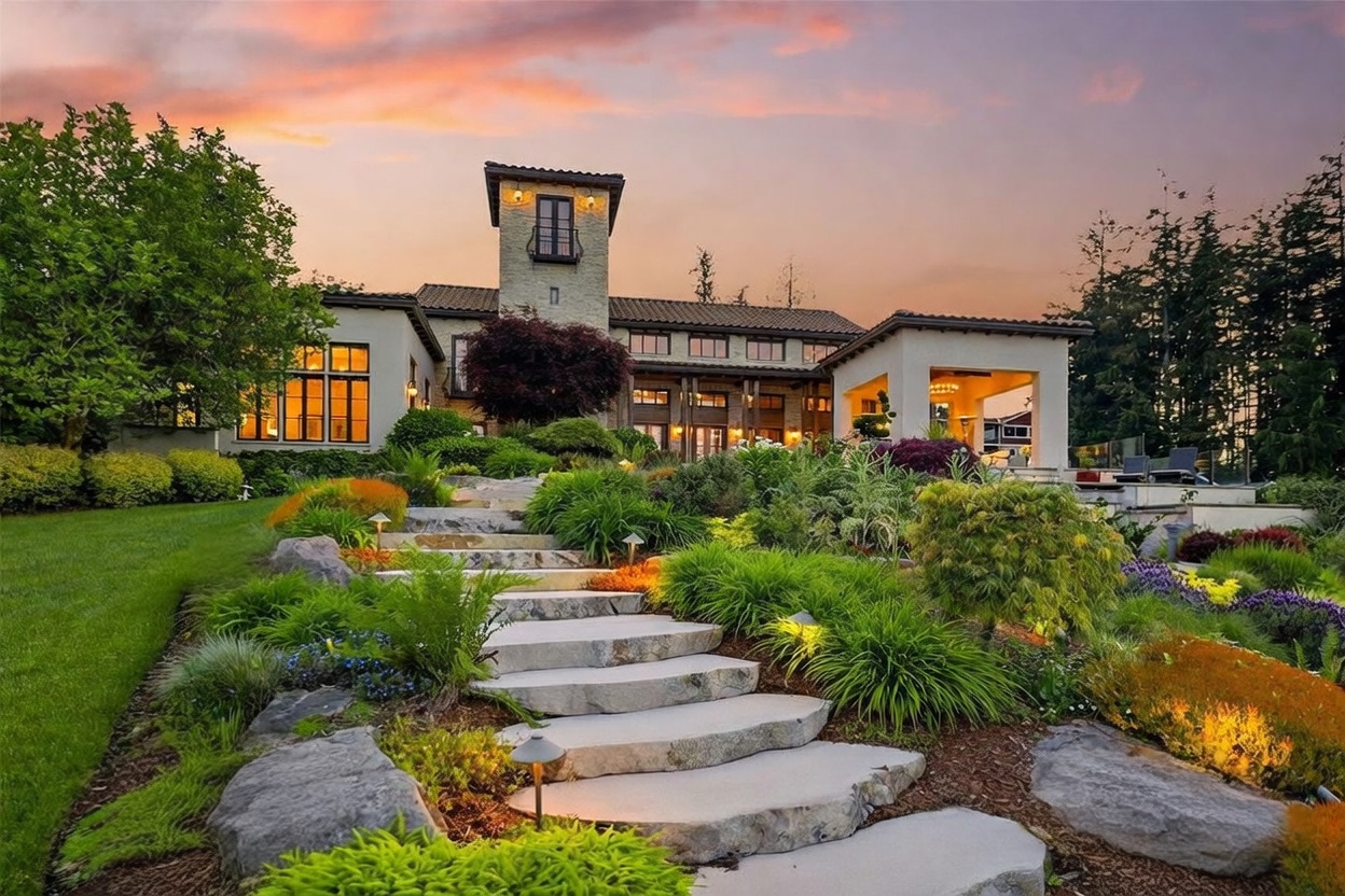 This stunning Mediterranean-style estate is captured at sunset, showcasing a multi-level landscape design with stone steps leading up to the main residence. The home features a prominent central tower, warm exterior lighting, and a covered patio area that overlooks the lush, terraced gardens. The composition emphasizes the grand scale of the property and its seamless integration with the surrounding natural environment.
