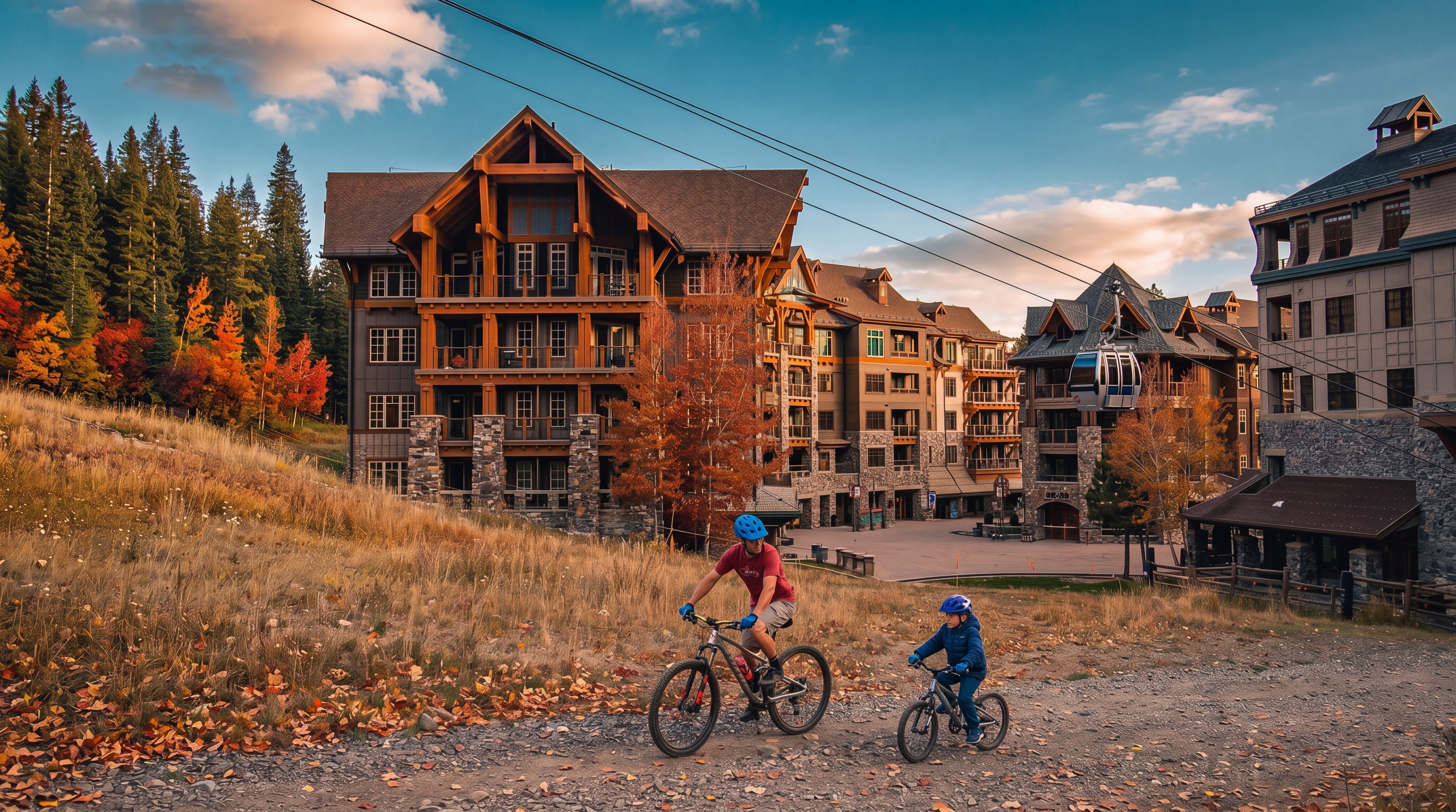 This image captures a vibrant resort-style setting in a mountainous area, featuring large timber and stone residential buildings integrated with outdoor recreation. In the foreground, an adult and a child ride bicycles along a gravel path, while a ski lift cable system overhead hints at the year-round activity potential. The architectural design combines rustic charm and modern luxury, making it an inviting community space perfect for active mountain living.
