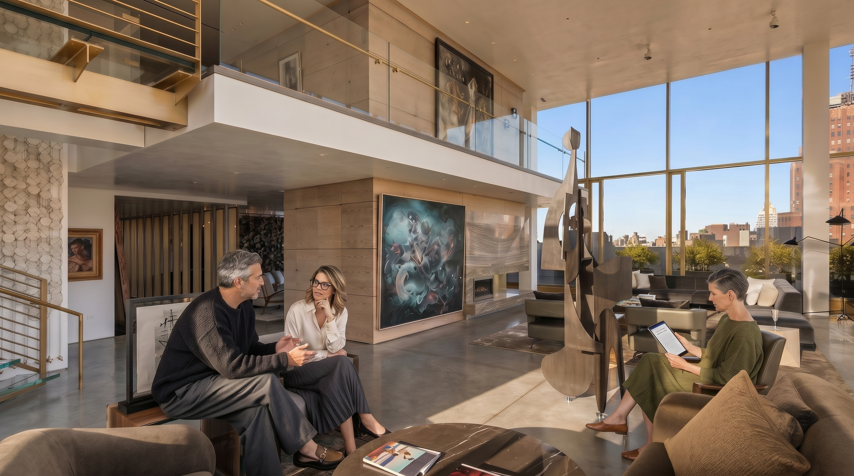 This expansive, double-height living room features a sophisticated open-plan layout with a mezzanine level overlooking the main space. The room is anchored by a large, abstract sculpture and a prominent piece of wall art, complemented by floor-to-ceiling windows that provide an abundance of natural light and city views. The interior design combines polished concrete floors, light wood paneling, and a neutral color palette to create a luxurious and contemporary atmosphere.