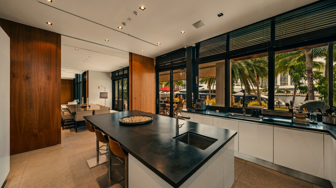 This modern kitchen features a large central island with a dark countertop and bar seating, complemented by white lower cabinetry and a sleek, minimalist aesthetic. Large windows provide an expansive view of the outdoor waterfront area, while warm wood paneling adds texture to the walls. The open-concept design flows seamlessly into an adjacent dining area, creating a bright and sophisticated living space.