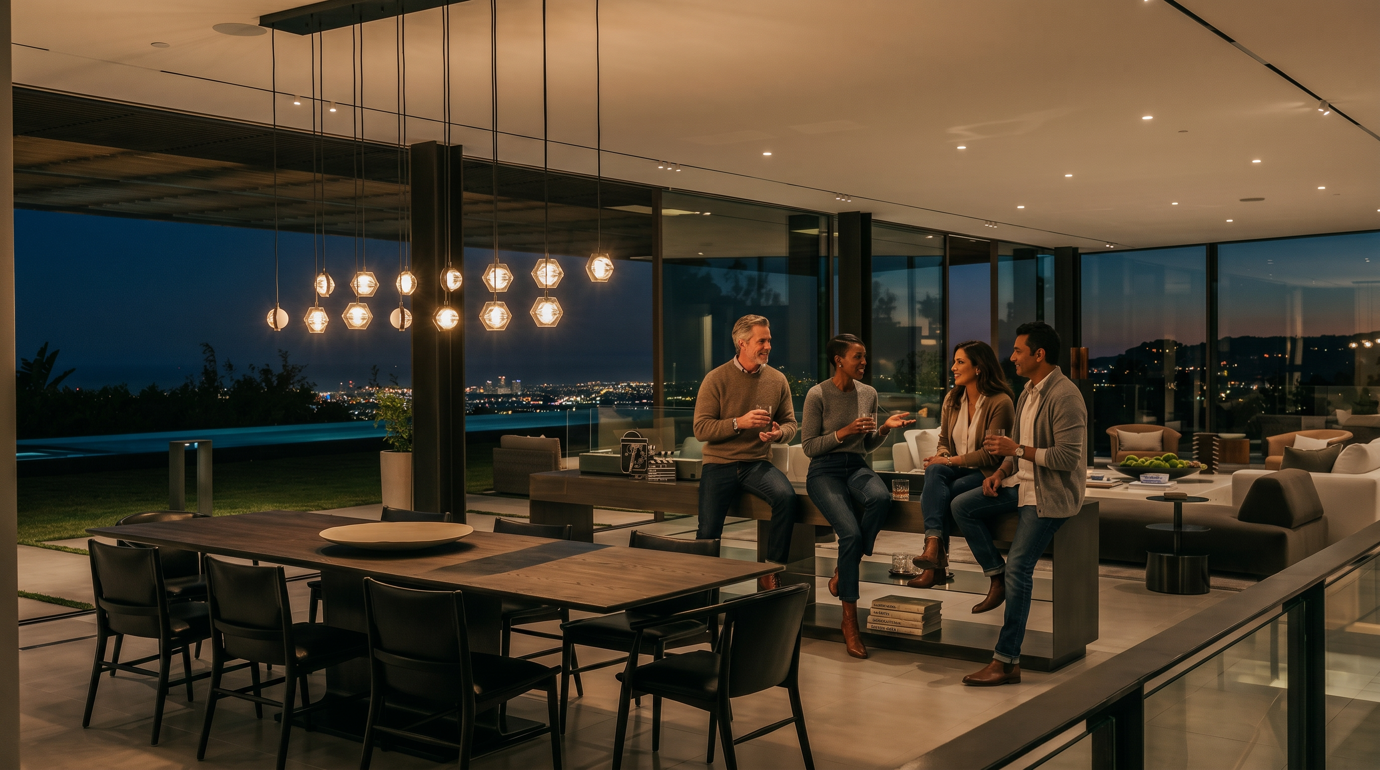 This expansive, open-concept living and dining area showcases a sophisticated modern aesthetic with floor-to-ceiling glass walls that frame a breathtaking panoramic view of the city and ocean. The space features a long, rustic wooden dining table paired with sleek black chairs, illuminated by a series of contemporary pendant lights. The seamless transition between the indoor living space and the outdoor terrace creates an airy, luxurious atmosphere perfect for high-end entertaining.