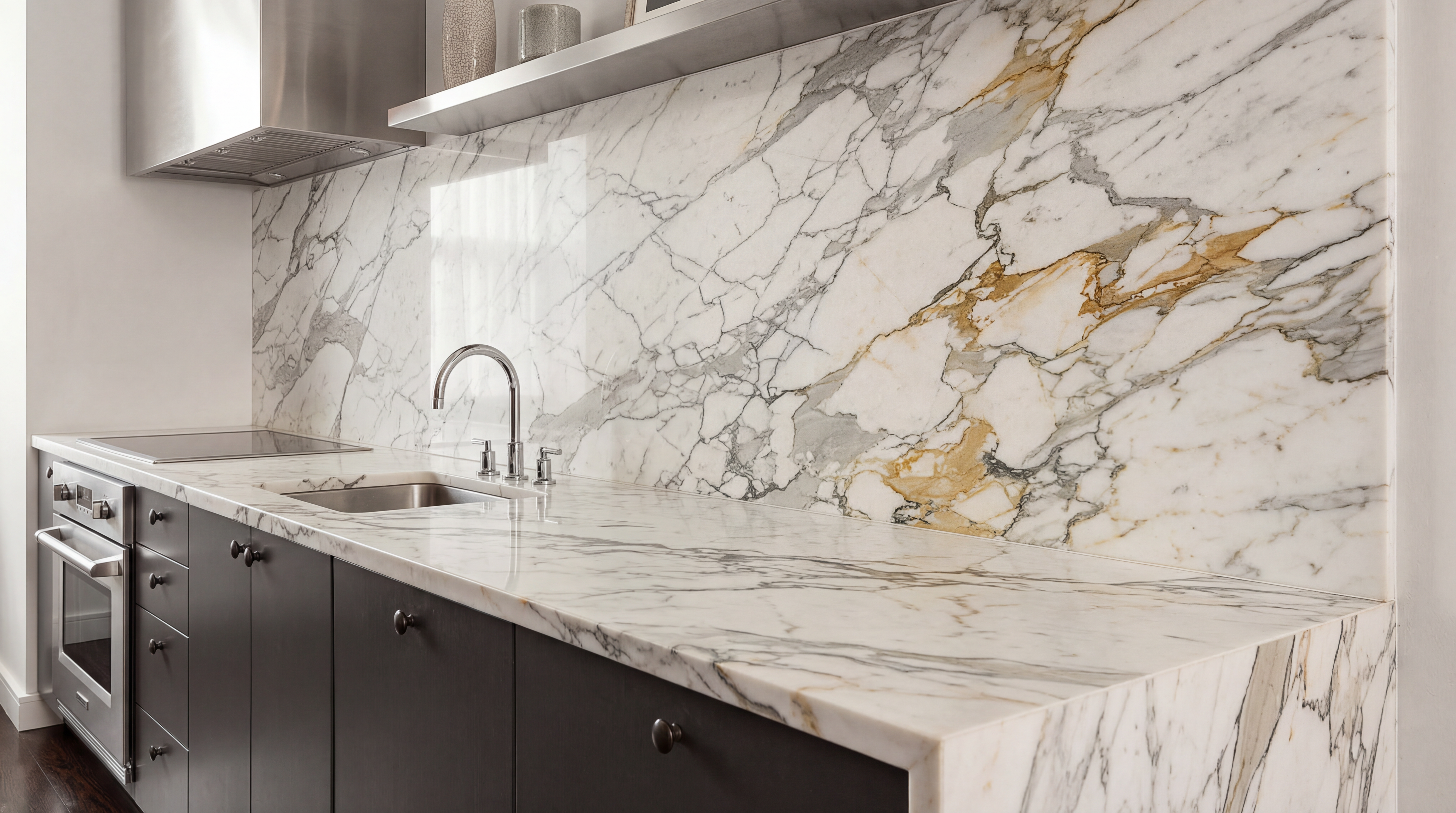 This kitchen features a luxurious, high-end design highlighted by stunning Calacatta marble countertops and a matching full-height backsplash. The sleek, dark cabinets create a sophisticated contrast against the light veining of the stone, while stainless steel appliances, including a range hood and integrated oven, add a modern touch. The composition is elegant and streamlined, perfect for a high-end residential listing.