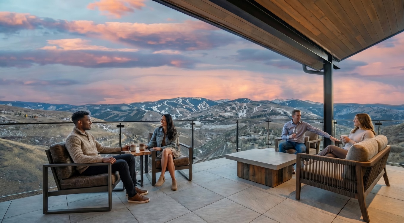 This image showcases a luxurious patio or balcony with a breathtaking mountain view. The space features modern tiling and glass railings, offering unobstructed vistas. Several people are enjoying the outdoor space, suggesting it's perfect for entertaining or relaxing.