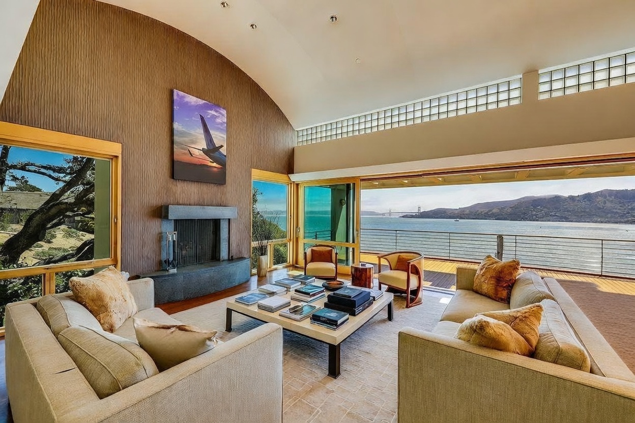 This expansive living room features a vaulted ceiling and a prominent stone-clad chimney breast centered on a textured, warm-toned wall. Large sliding glass doors open to a deck, framing a panoramic view of the bay and the Golden Gate Bridge. The space is furnished with two neutral-toned sofas and a central coffee table, creating a sophisticated and inviting atmosphere.
