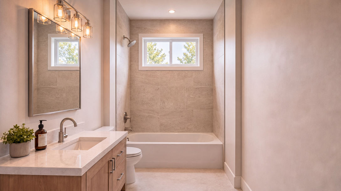 This clean and modern bathroom features a sleek vanity with a marble countertop, a matte black faucet, and a contemporary mirror. The combination of a tub and shower is encased in elegant, large-format marble-look tiles, creating a cohesive and bright aesthetic. The space is well-lit by a stylish multi-bulb light fixture, providing a warm and inviting atmosphere.
