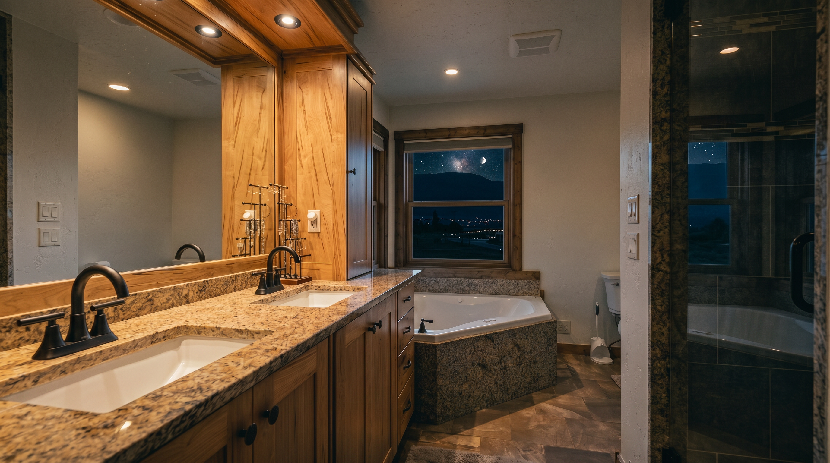 This primary bathroom features a dual-sink vanity with light wood cabinetry and a stone countertop, complemented by a large mirror and recessed lighting. A corner soaking tub is positioned beneath a window that offers a scenic view of the surrounding landscape. The space includes a glass-enclosed shower and tile flooring, creating a functional and rustic-inspired retreat.