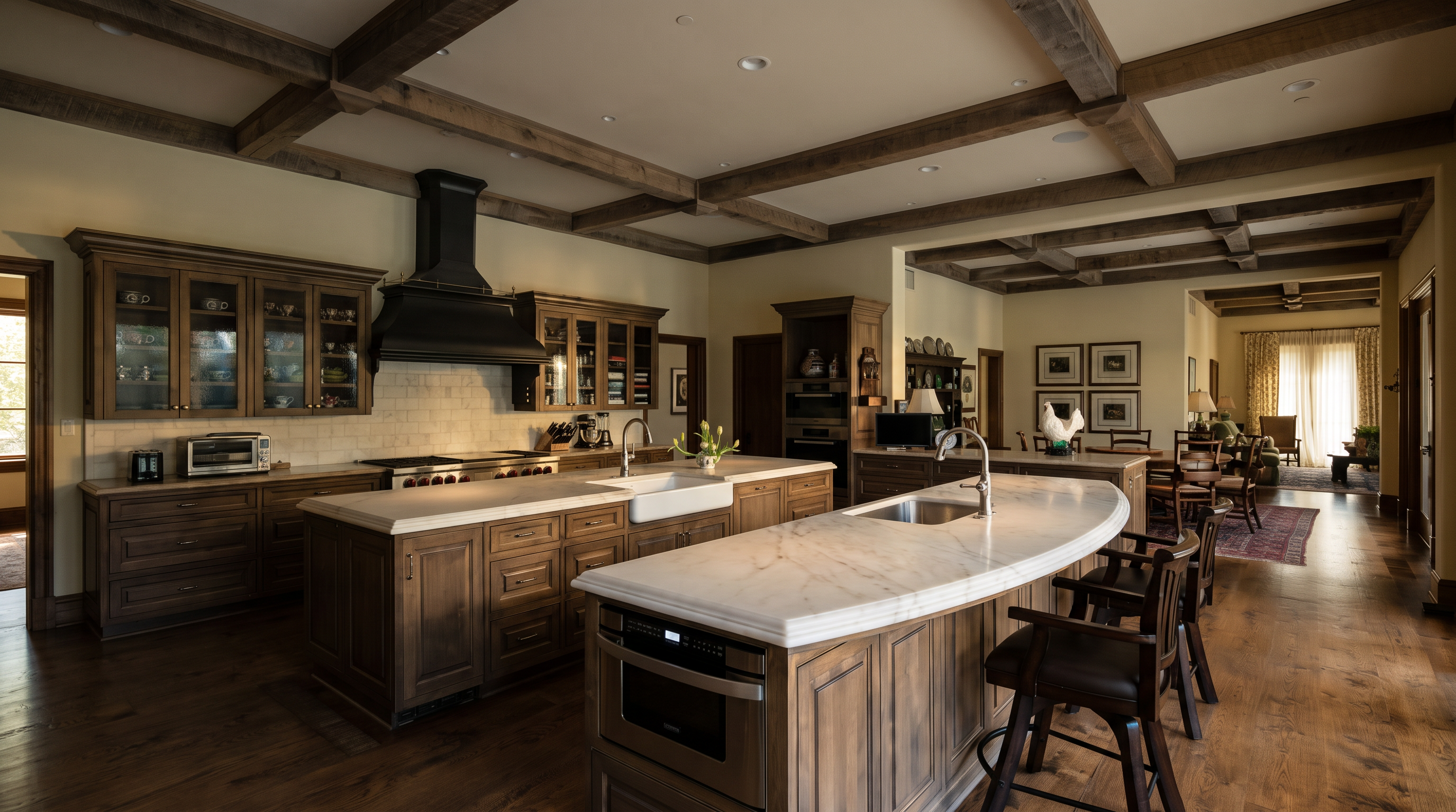 This expansive, rustic-inspired kitchen features dual islands with light-colored stone countertops and dark wood cabinetry. A prominent dark metal range hood serves as a focal point above the stove, while exposed wooden beams across the ceiling add architectural character to the space. The open-concept design flows seamlessly into a dining area, creating a warm and inviting atmosphere suitable for both cooking and entertaining.