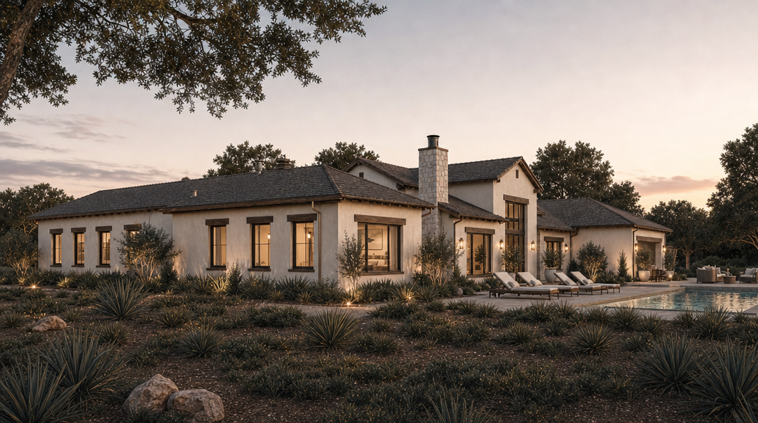 This stunning Mediterranean-inspired estate features a sprawling rear exterior with clean stucco walls, a pitched tile roof, and dark-framed windows that create a modern, sophisticated aesthetic. The outdoor space is anchored by a sparkling pool flanked by lounge chairs, seamlessly transitioning into a natural landscape of desert plants and native greenery. The overall design emphasizes a relaxed, luxurious indoor-outdoor lifestyle perfectly suited for premium real estate.