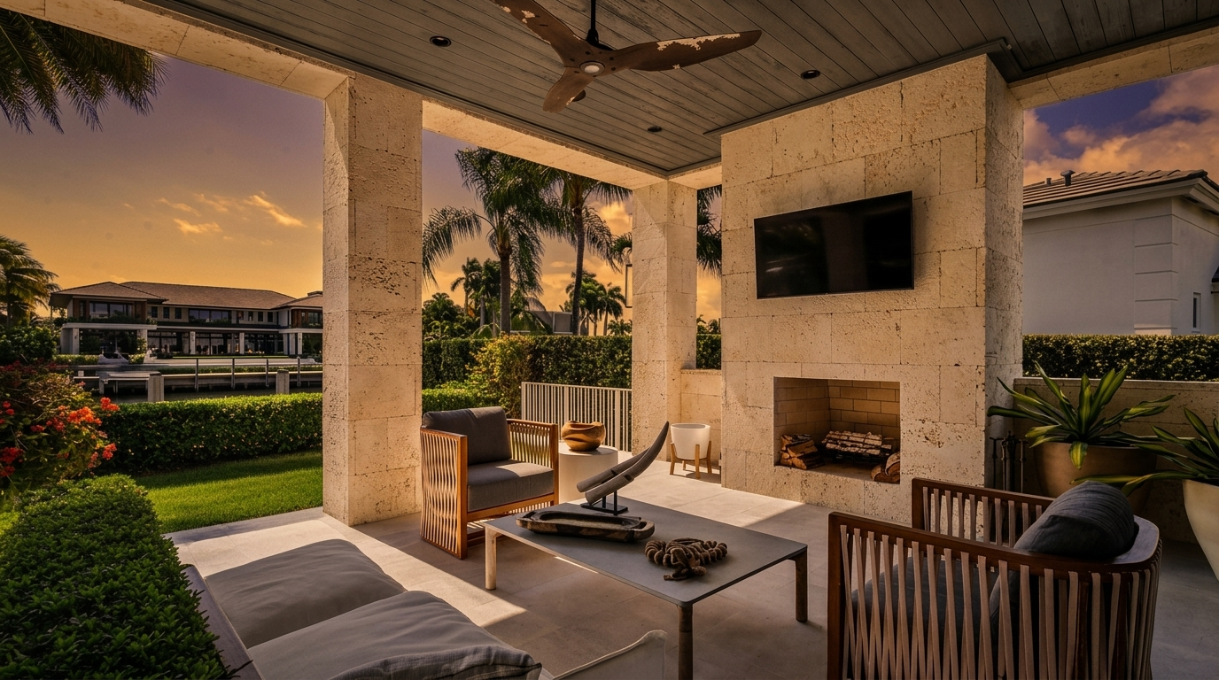 This covered outdoor living space features a stone-clad chimney breast with an integrated television and a built-in fireplace. The area is furnished with a comfortable white sofa and two wooden armchairs with grey cushions, arranged around a central coffee table. The space opens to a lush backyard with a view of a canal and neighboring homes, creating a serene and luxurious atmosphere for relaxation.