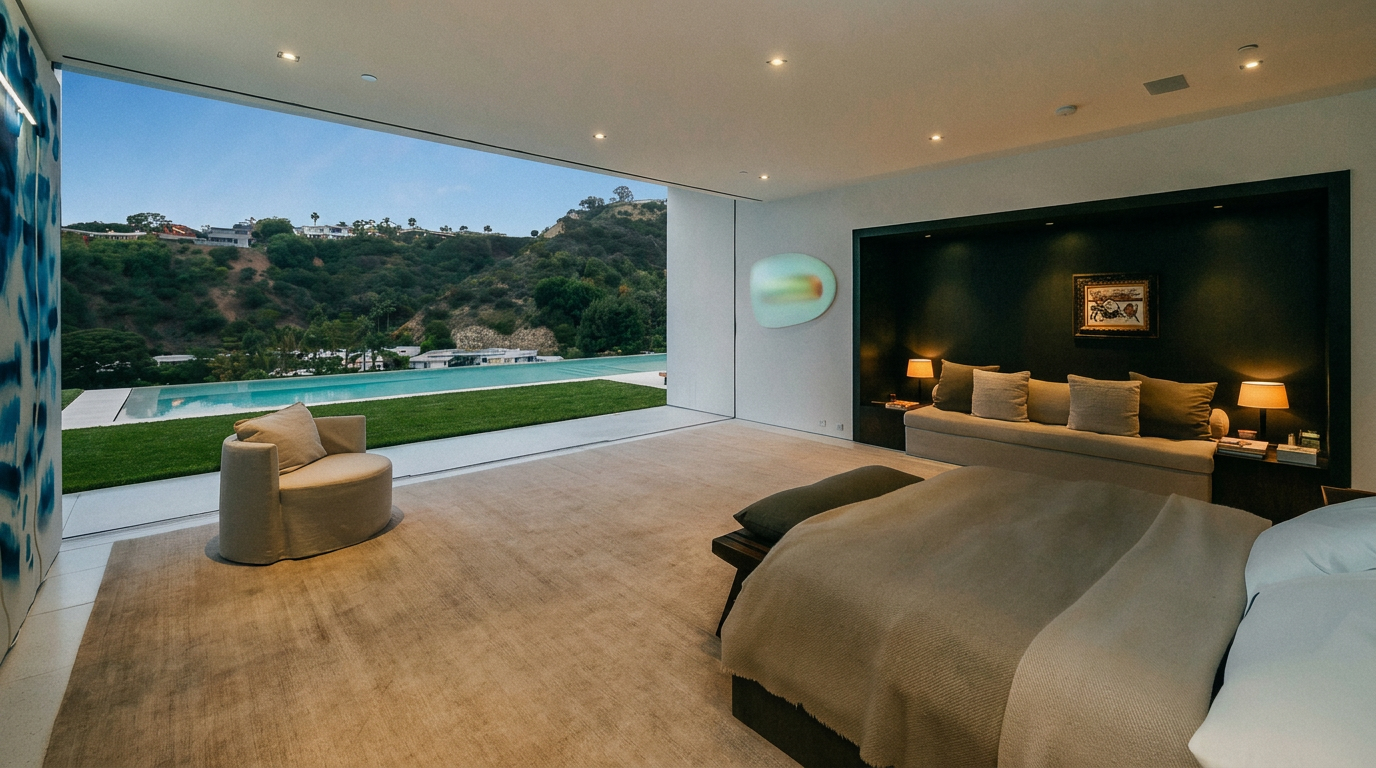 This luxurious primary bedroom features a seamless indoor-outdoor transition with a massive floor-to-ceiling glass wall that opens directly onto a private infinity pool and hillside view. The interior is designed with a minimalist, neutral aesthetic, showcasing a built-in recessed sofa area with warm accent lighting and a plush, expansive rug. The perspective is wide and cinematic, emphasizing the sophisticated blend of high-end interior design and the breathtaking natural landscape.