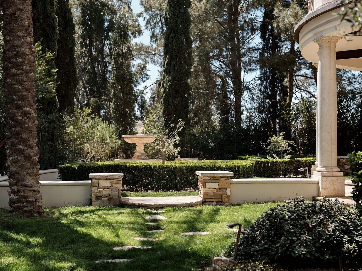 This serene backyard garden features a classic stone fountain centered behind a manicured hedge, creating a focal point within the lush landscape. A stone-paved path leads through the green lawn toward the fountain, framed by tall, slender cypress trees and a stone-walled terrace. The perspective from the edge of a covered patio highlights the elegant transition between the home's architecture and the tranquil outdoor space.