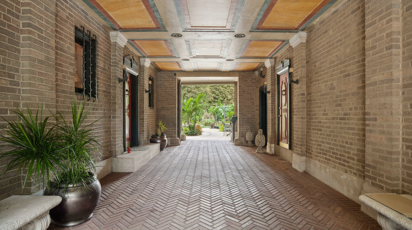 This covered entryway features a classic brick-paved walkway laid in a herringbone pattern, leading toward a lush, sunlit garden visible through the open archway. The space is framed by textured brick walls on either side, accented by decorative doors and stone benches, while the ceiling showcases a detailed, multi-paneled design with warm, earthy tones. The perspective is centered and symmetrical, creating an inviting and elegant transition from the exterior to the private outdoor space.