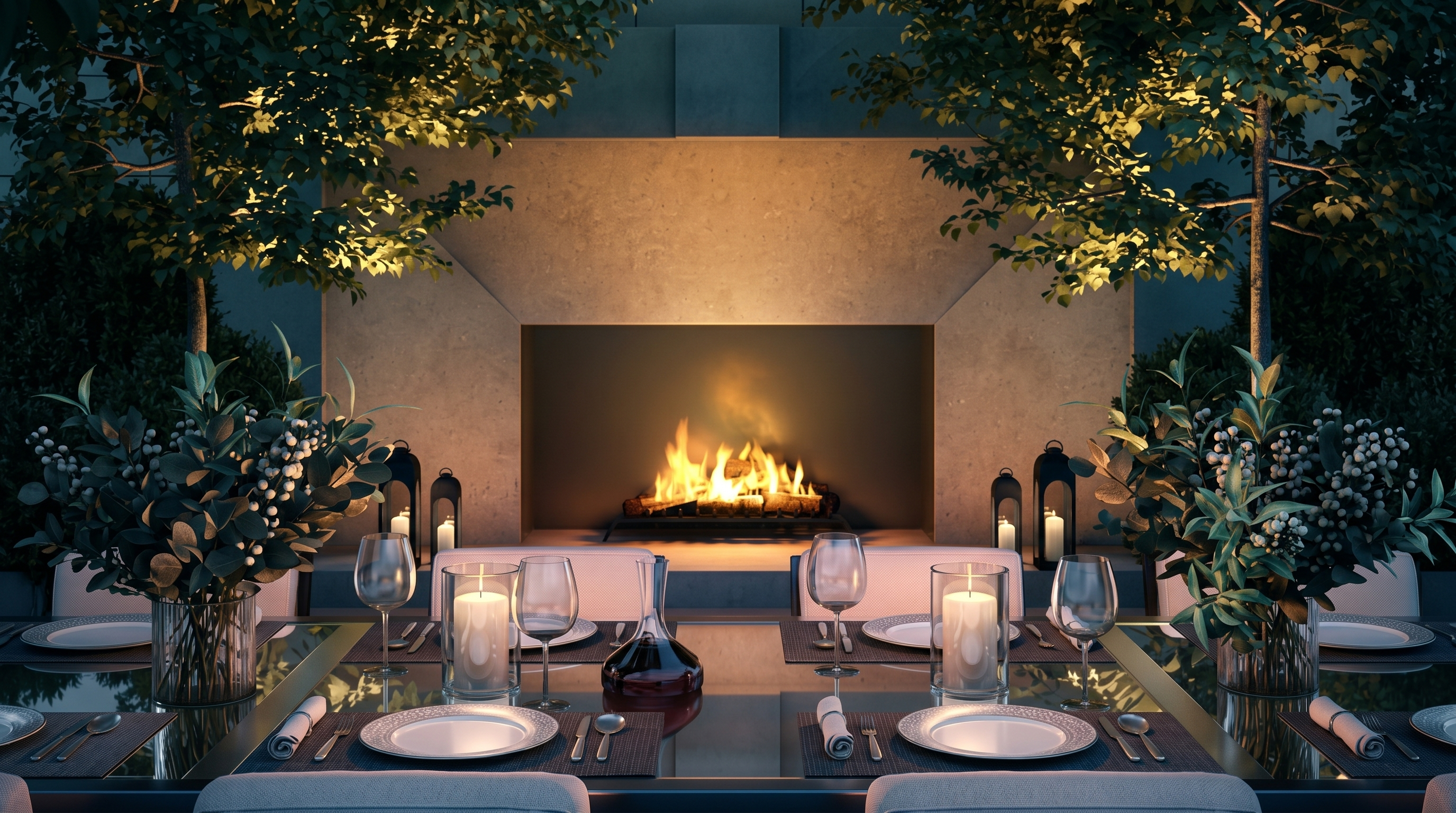 This elegant outdoor dining space features a symmetrical arrangement centered around a large, stone-clad fireplace. A glass-topped dining table is set for four, flanked by two trees that frame the scene, while lanterns and candles provide warm, ambient lighting. The perspective is a direct, eye-level shot that emphasizes the sophisticated, tranquil atmosphere of this luxury patio setting.