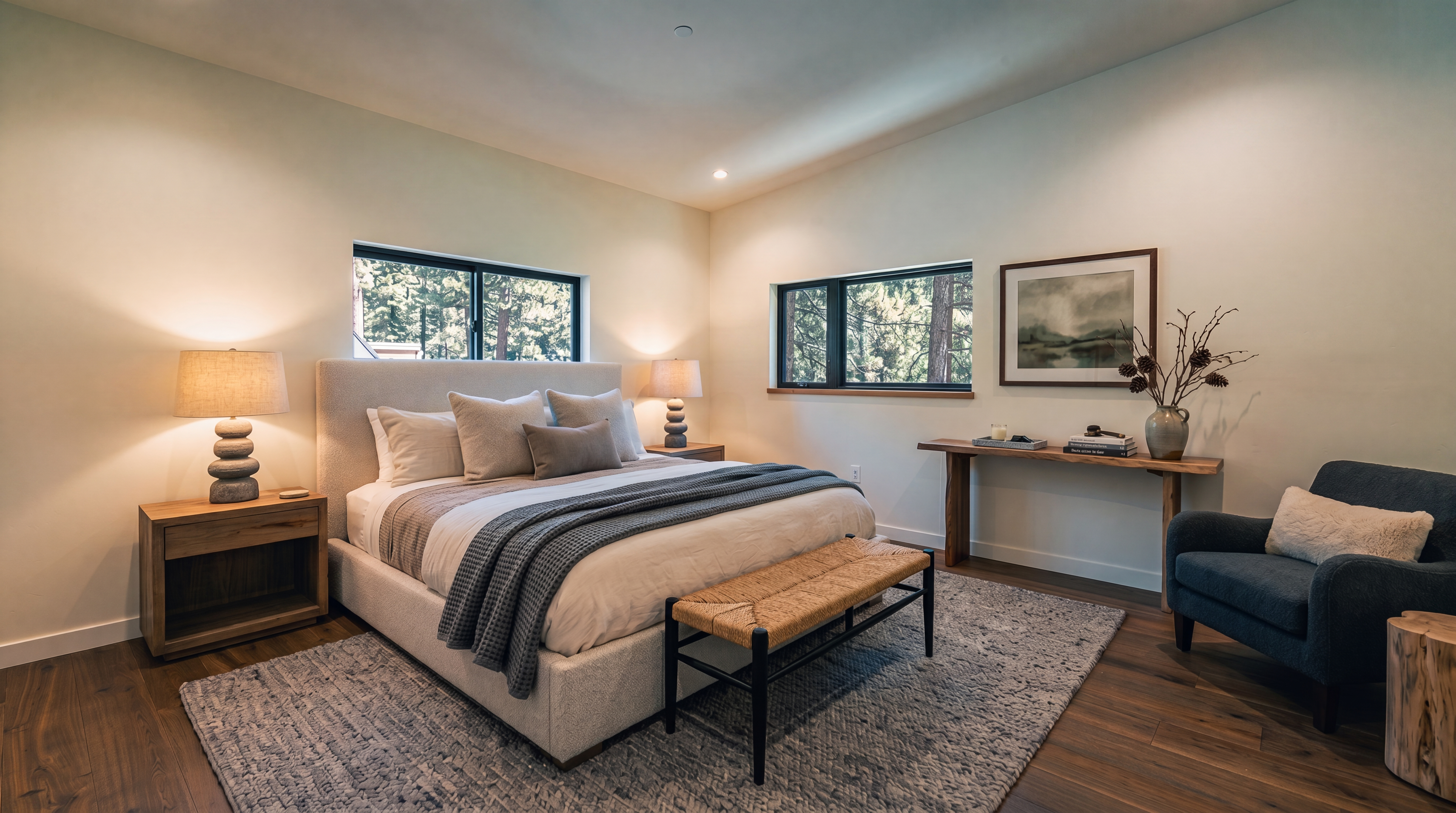 This bright, minimalist bedroom features warm-toned wood flooring and crisp white walls, creating a clean and airy atmosphere. Three windows with dark frames provide natural light and views of the surrounding trees, while simple wooden sills add a touch of organic texture. The room is presented from a wide-angle perspective, emphasizing its spacious and versatile layout.