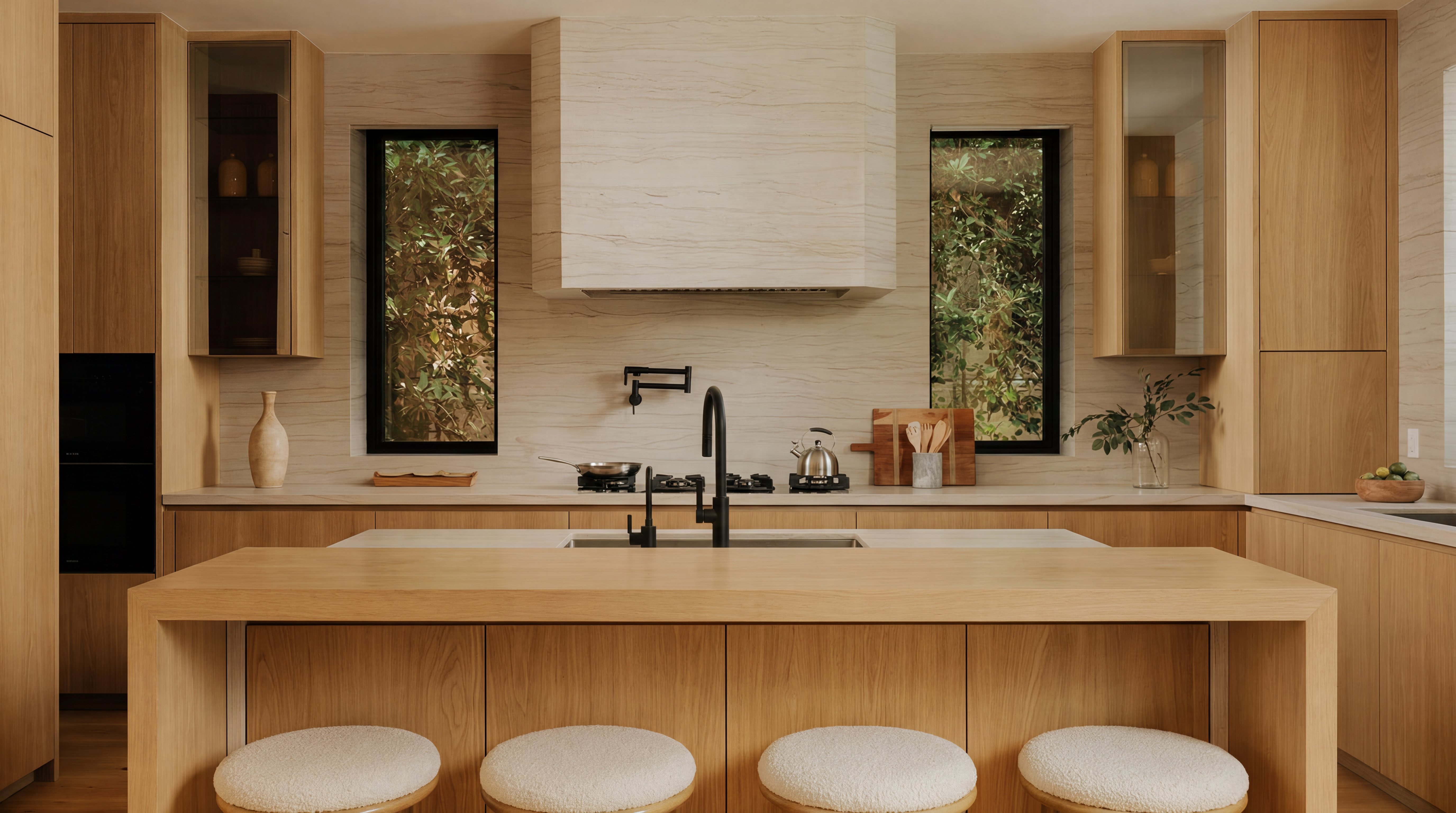This stunning contemporary kitchen features warm wood cabinetry, a seamless light-toned stone backsplash, and a large matching wood island with integrated seating. The space is anchored by a sleek matte black faucet and minimalist range hood, offering a sophisticated and tranquil aesthetic. Two vertical windows provide beautiful natural light and garden views, enhancing the high-end, organic design of the room.