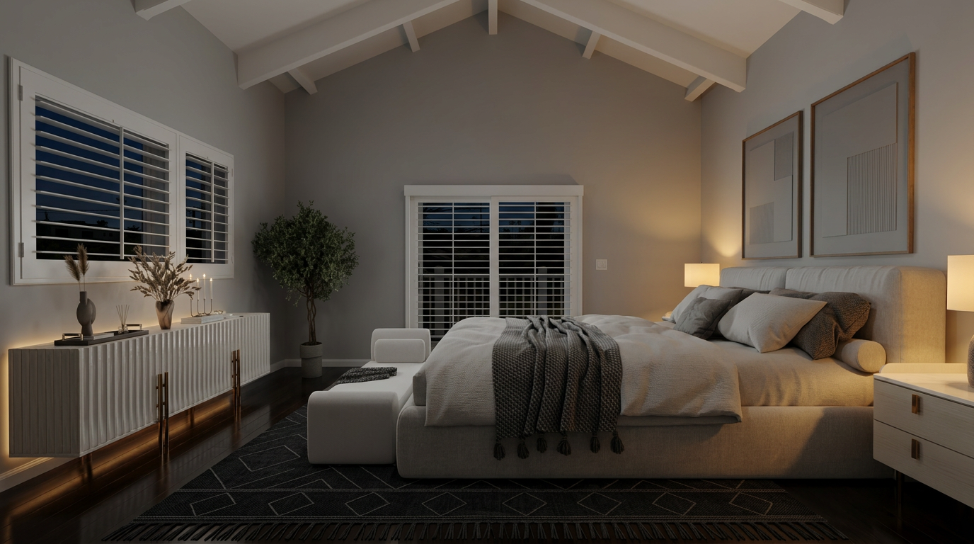 This elegant primary bedroom features a modern, neutral color palette with vaulted ceilings and warm ambient lighting. The space is anchored by a plush upholstered bed, a sleek white console with a fluted design, and dark wooden floors covered by a stylish geometric rug. Large windows fitted with plantation shutters allow for a controlled, cozy atmosphere, while contemporary framed art completes the upscale, serene aesthetic.