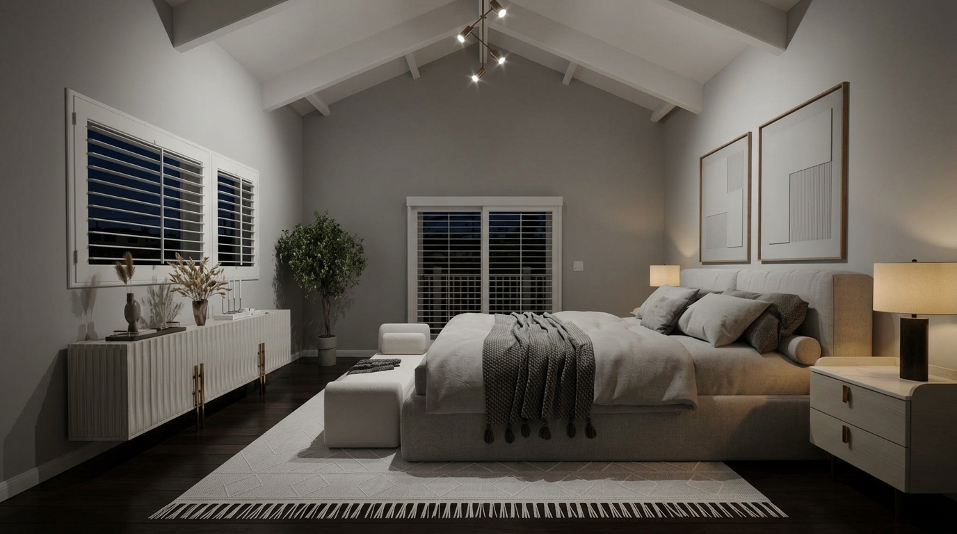 This sophisticated primary bedroom features a vaulted ceiling with an elegant modern chandelier, creating a spacious and airy atmosphere. The room is anchored by a plush, neutral-toned upholstered bed and accented with a chic, textured dresser and matching nightstands. Plantation shutters on the windows and glass doors provide privacy and a cohesive, high-end design aesthetic.