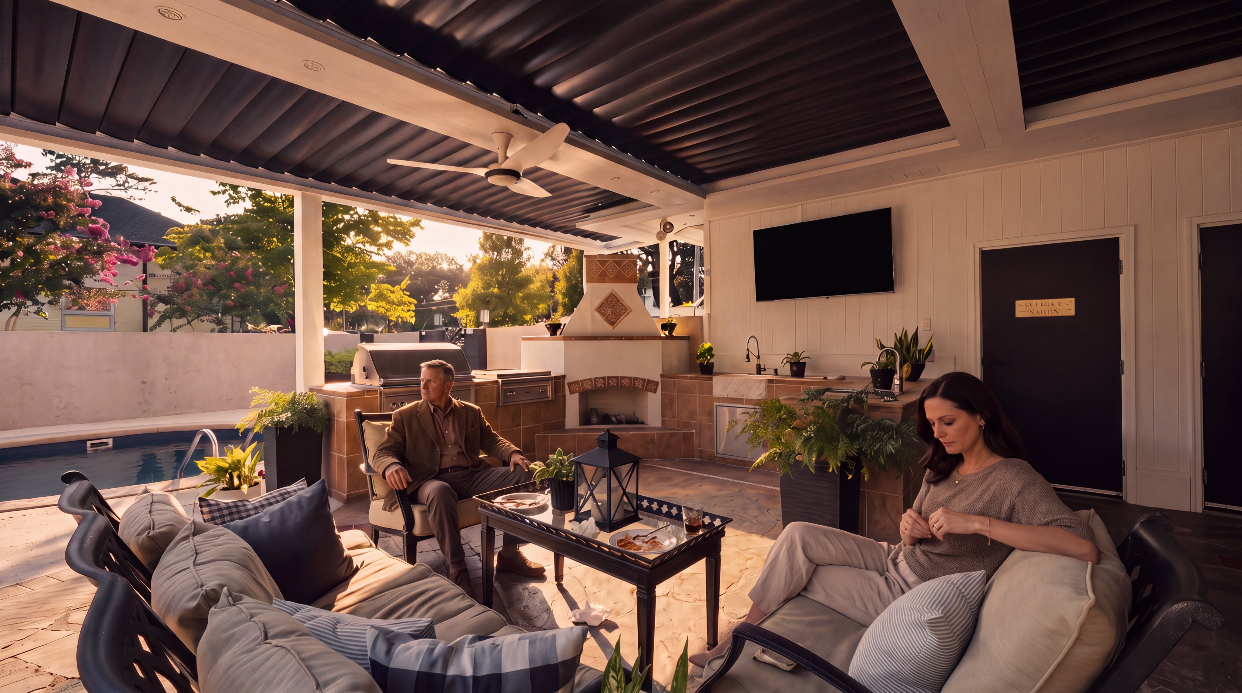 This luxurious covered outdoor living space features a fully equipped kitchen with a built-in grill, sink, and a central fireplace with a decorative tile surround. The area is furnished with comfortable cushioned seating, a coffee table, and a ceiling fan, all sheltered by a modern louvered roof system. A swimming pool is visible to the left, creating a seamless transition between indoor-style relaxation and outdoor recreation.