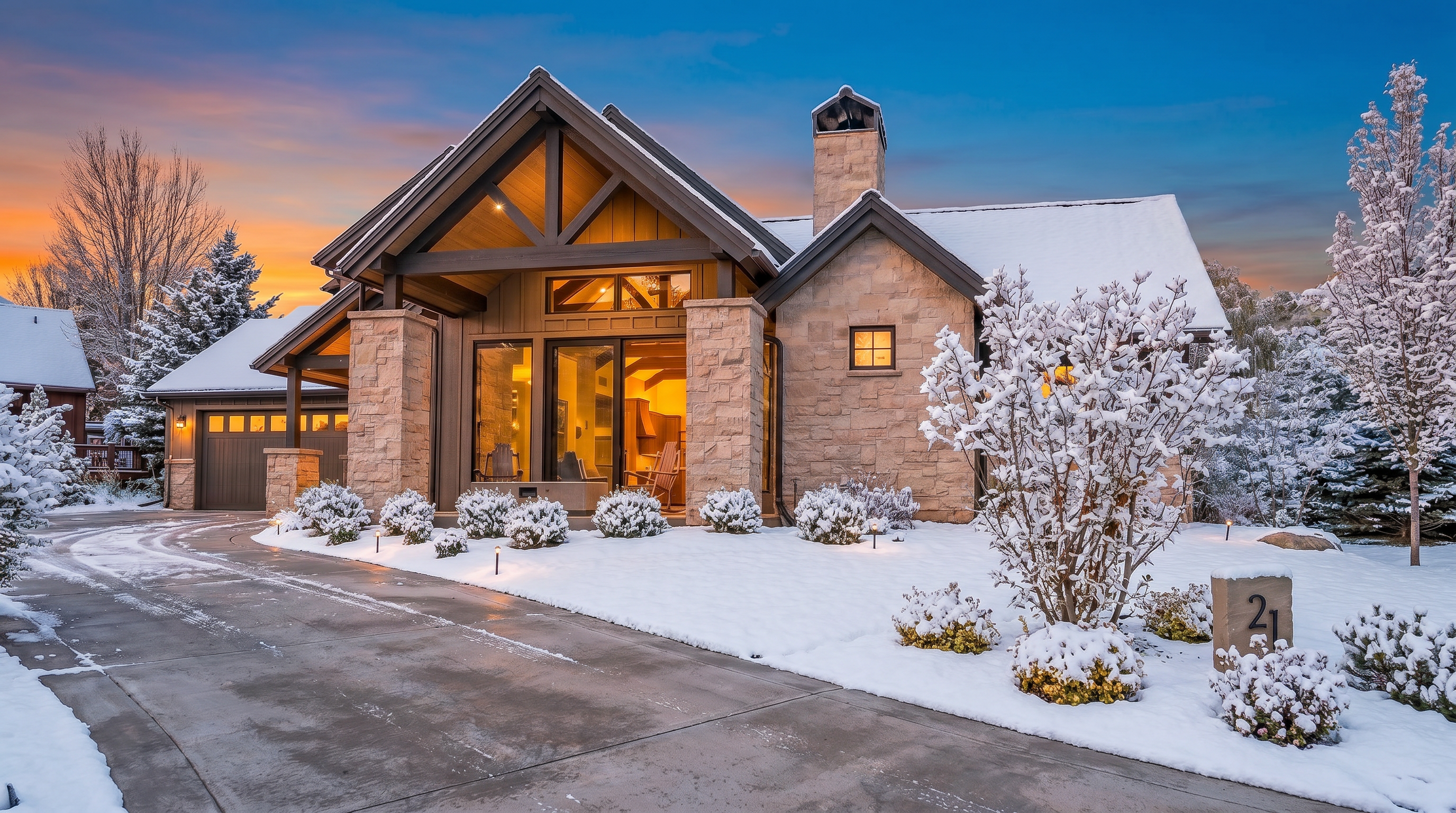 This stunning mountain-modern home features a striking combination of natural stone masonry, vertical wood siding, and dark metal roofing. The front facade is highlighted by a prominent timber-framed gable over the entryway, leading to a clean, concrete driveway and a well-manicured landscape. The overall impression is one of sophisticated luxury, blending rustic textures with contemporary architectural design.