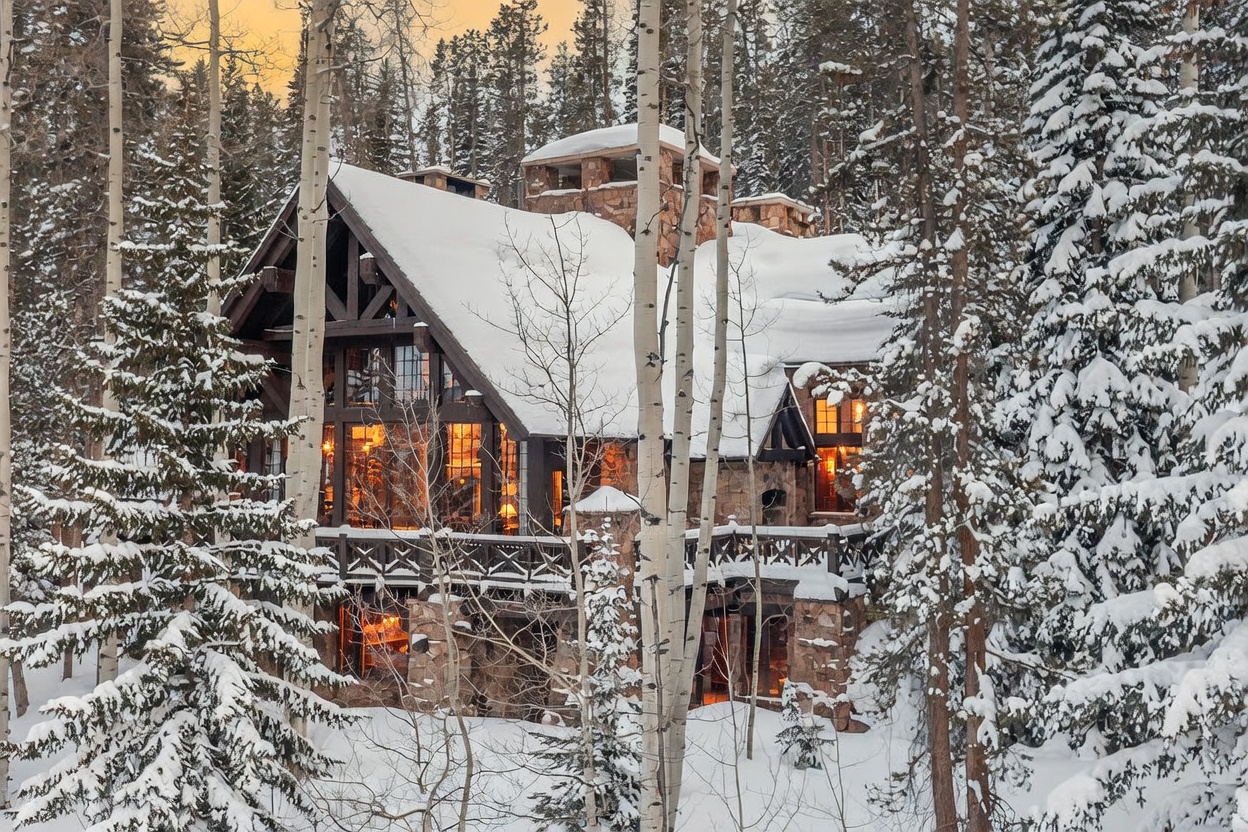 This stunning mountain lodge is nestled within a dense, snow-covered forest of aspen and pine trees. The multi-story structure features a rustic aesthetic with stone masonry, dark timber framing, and expansive windows that glow with warm interior light. A wide wooden deck wraps around the rear, providing a cozy vantage point to enjoy the serene, wintry landscape.