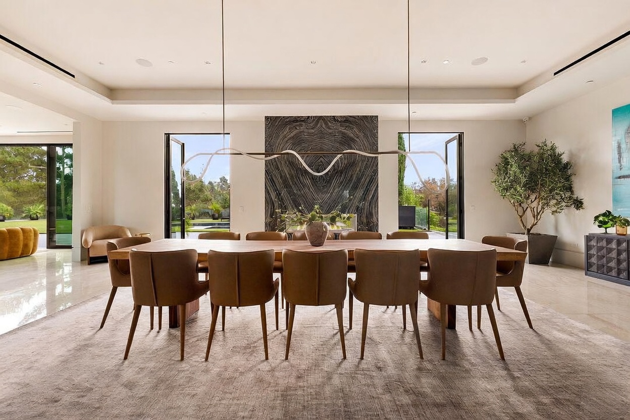 This elegant dining room features a long wooden table surrounded by ten upholstered chairs, centered beneath a unique, sculptural linear light fixture. A striking, dark stone-clad chimney breast serves as a dramatic focal point behind the table, flanked by large glass doors that open to the outdoor landscape. The space is finished with polished light-colored flooring and a neutral area rug, creating a sophisticated and airy atmosphere.
