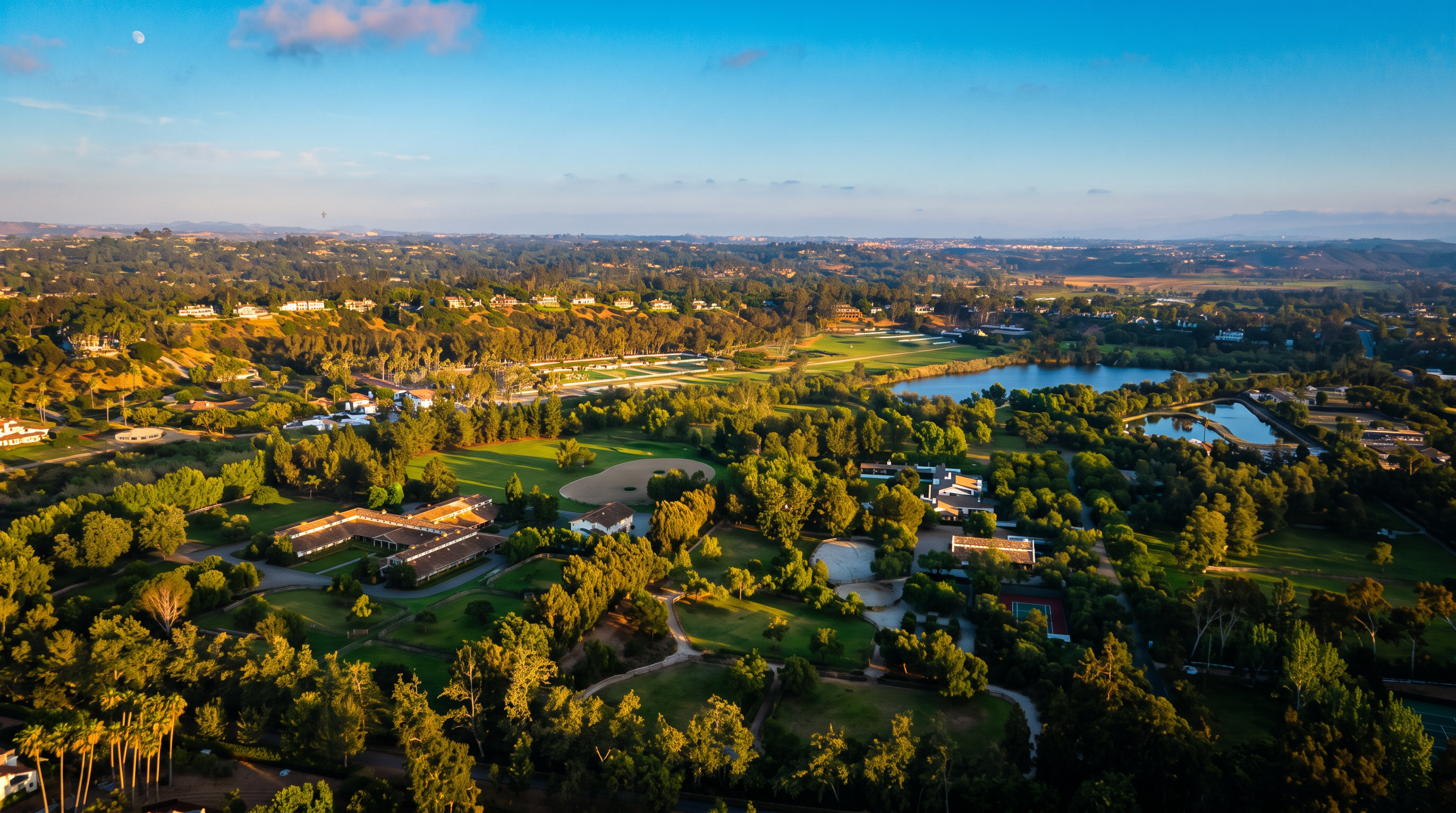 This high-angle aerial view captures a sprawling, lush landscape featuring a large property integrated into a scenic valley. The scene includes expansive green lawns, mature trees, a tranquil pond, and a complex of low-profile buildings, all set against a backdrop of rolling hills under a clear sky. The perspective provides a comprehensive overview of the property's generous grounds and its serene, natural surroundings.