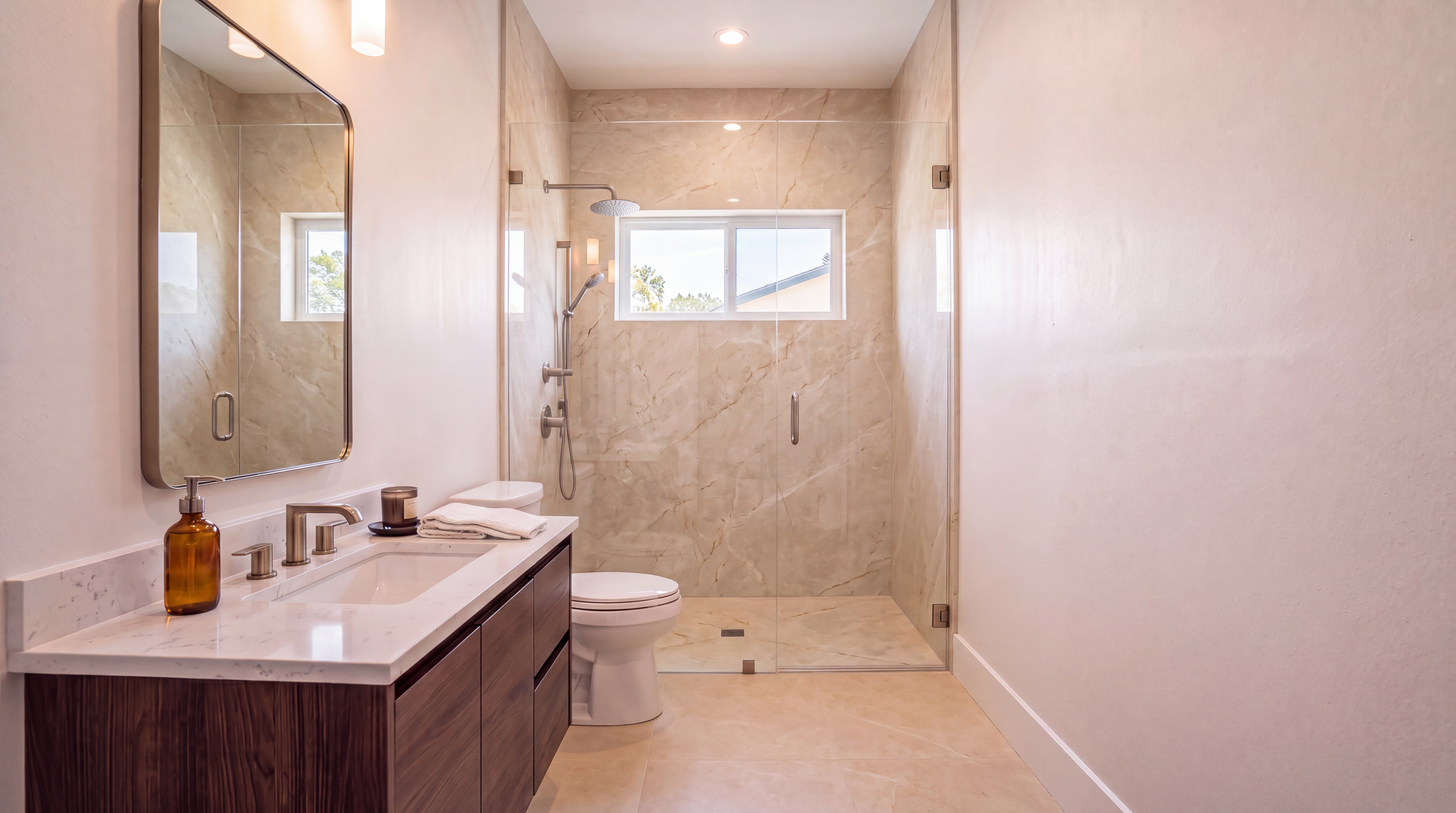 This modern, spa-inspired bathroom features a sleek floating vanity with a wooden finish and high-end marble countertop. The walk-in shower is enclosed by a frameless glass panel and finished with sand-toned, large-format wall tiles and mosaic floor tiles. A black-framed mirror, matte black fixtures, and ambient light provide a sophisticated, contemporary aesthetic.