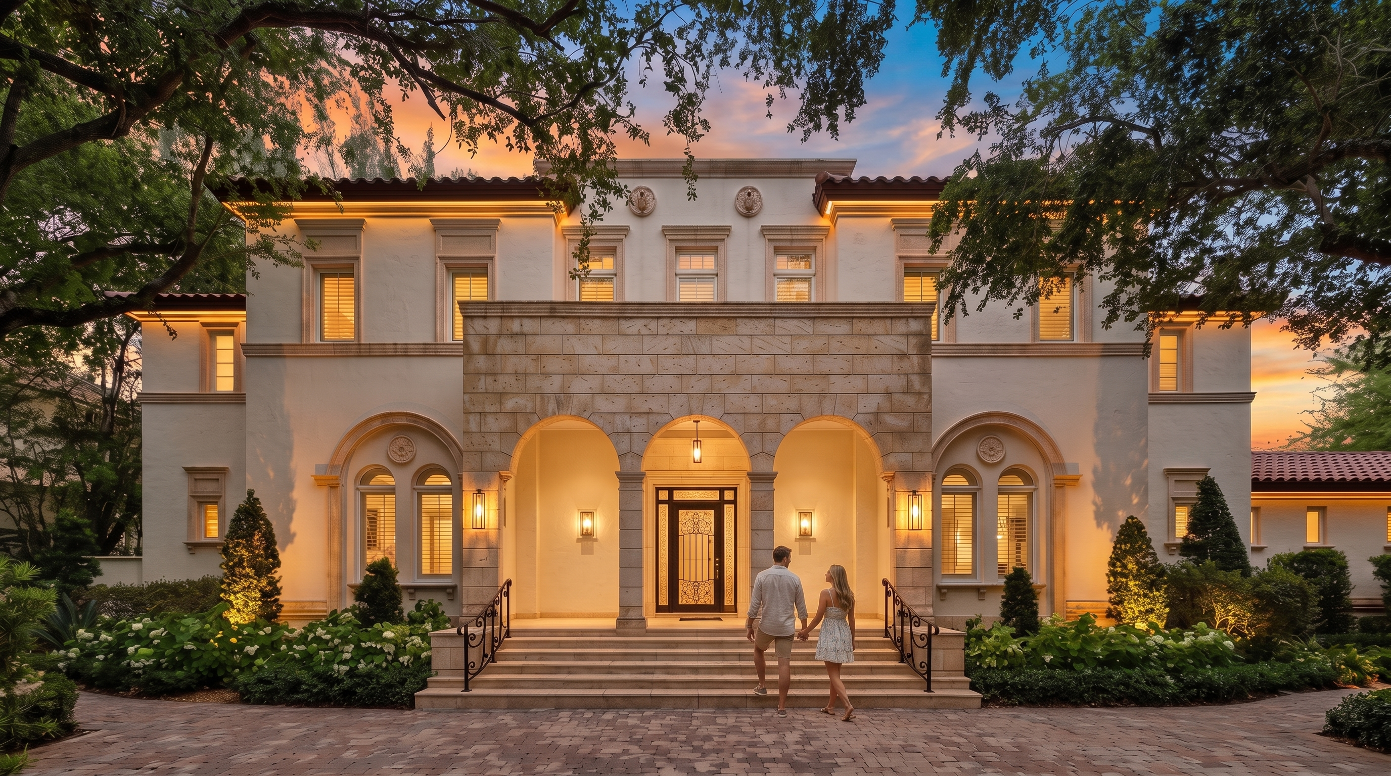 This grand Mediterranean-style estate features a symmetrical facade with a prominent stone-clad entryway featuring three arched openings. The exterior is finished in a light-toned stucco, complemented by a dark tile roof and lush, mature landscaping that frames the property. A wide, paved driveway leads directly to the central entrance, creating an imposing and elegant first impression.