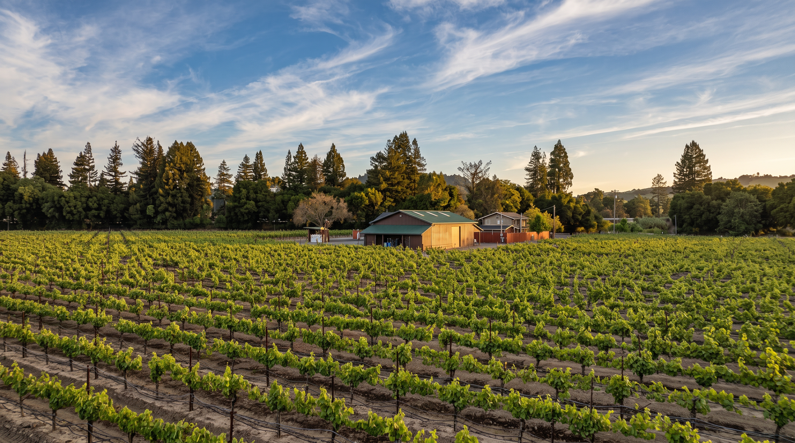 This aerial perspective captures a sprawling vineyard landscape featuring rows of lush green grapevines stretching across the foreground. In the center, a modest barn-style structure with a green roof and brown siding sits amidst the vines, accompanied by a nearby residential building. The scene is set under a bright blue sky with wispy clouds, emphasizing the expansive and tranquil nature of the property.