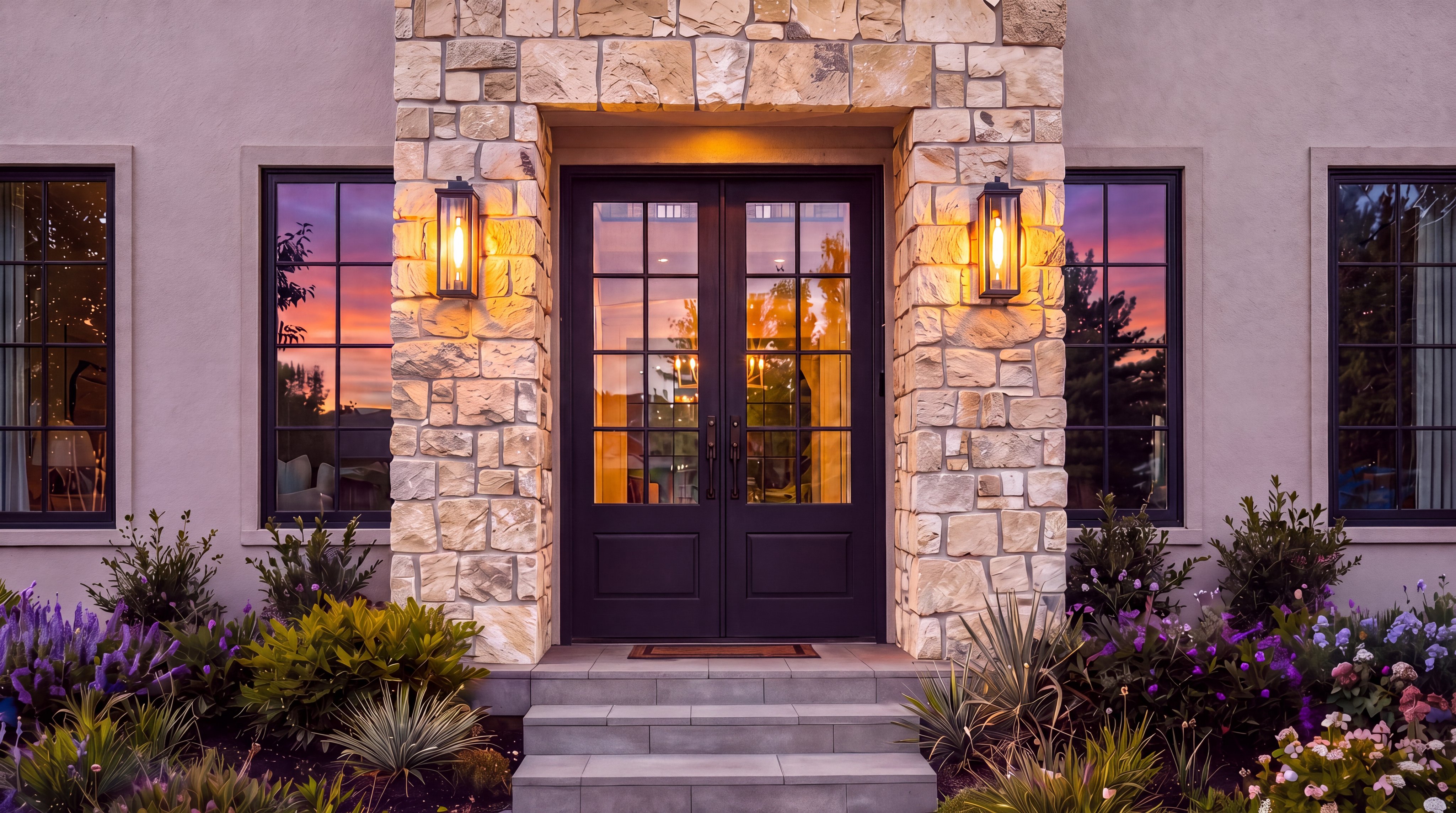 This sophisticated entryway features a double-door entrance framed by natural stone masonry and elegant outdoor wall-mounted fixtures. Flanking the door are large, dark-framed grid windows, while lush, manicured garden beds with purple and green foliage enhance the home's inviting curb appeal. The overall aesthetic is a blend of modern luxury and timeless architectural design.