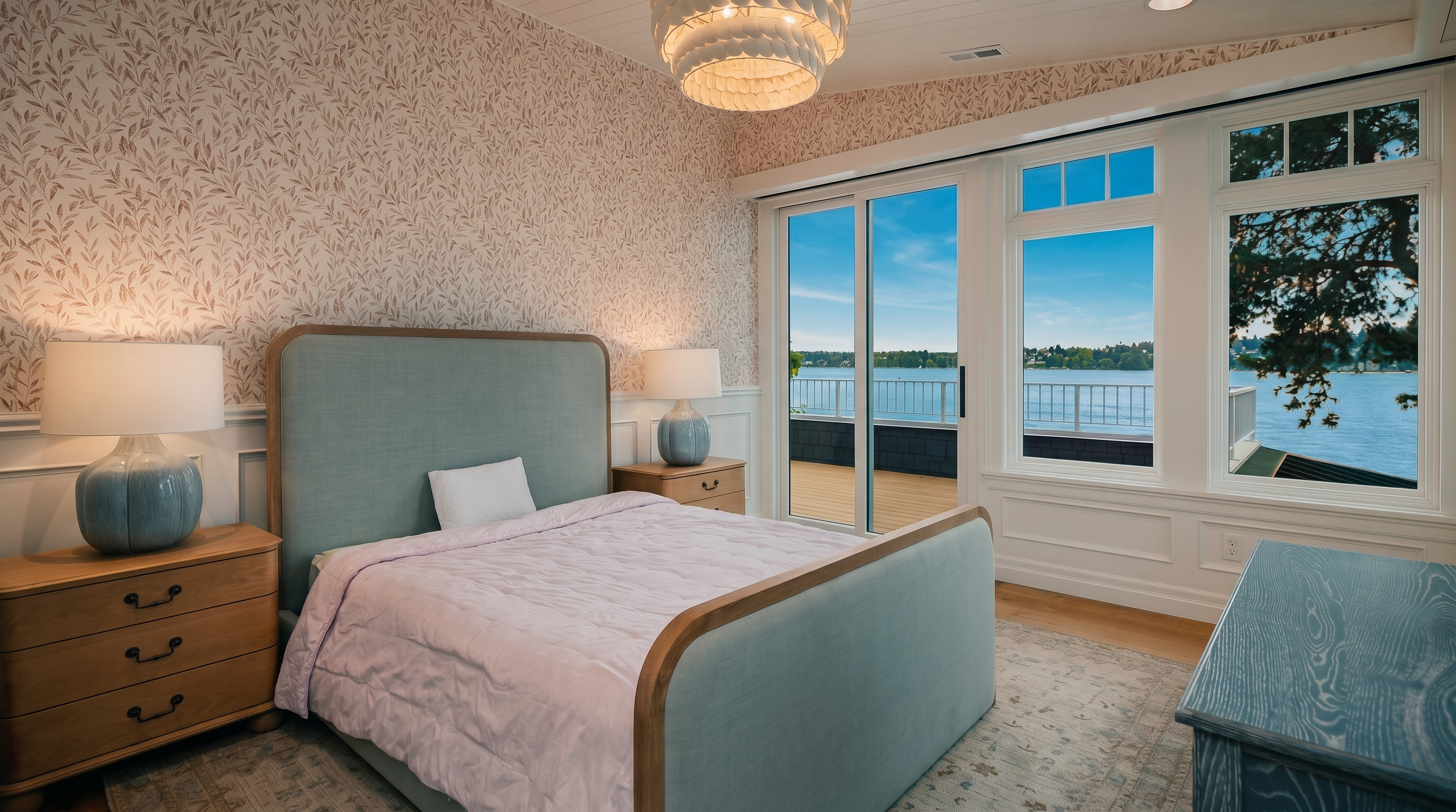 This serene primary bedroom features a light-toned upholstered bed frame centered against a wall with delicate botanical-patterned wallpaper. Large sliding glass doors provide an expansive view of the water and a private deck, filling the room with natural light. The space is accented by matching light wood nightstands, textured table lamps, and a unique tiered pendant light fixture.