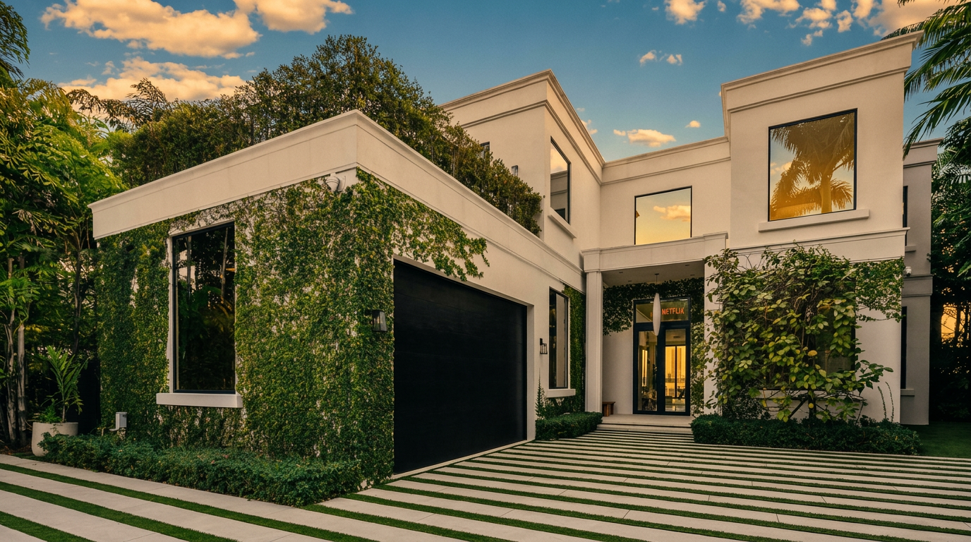 This modern, two-story residence features a striking white facade partially covered in lush green ivy, creating a sophisticated contrast. The front entrance is highlighted by a tall glass door and large windows, while a driveway with alternating concrete and grass strips leads to a sleek black garage door. The perspective is a wide-angle shot from the driveway, capturing the clean architectural lines and the manicured landscaping under a bright blue sky.