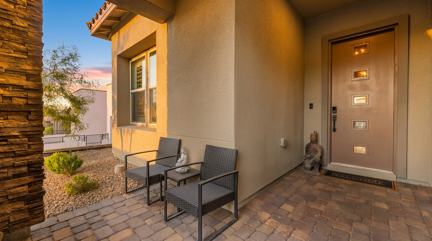 This inviting front entryway features a paved patio area with two dark wicker chairs and a small side table. A modern, light-colored front door with rectangular glass inserts serves as the focal point, complemented by a decorative statue and a welcome mat. The exterior walls are finished in a neutral stucco, accented by a textured stone pillar on the left, creating a clean and contemporary curb appeal.