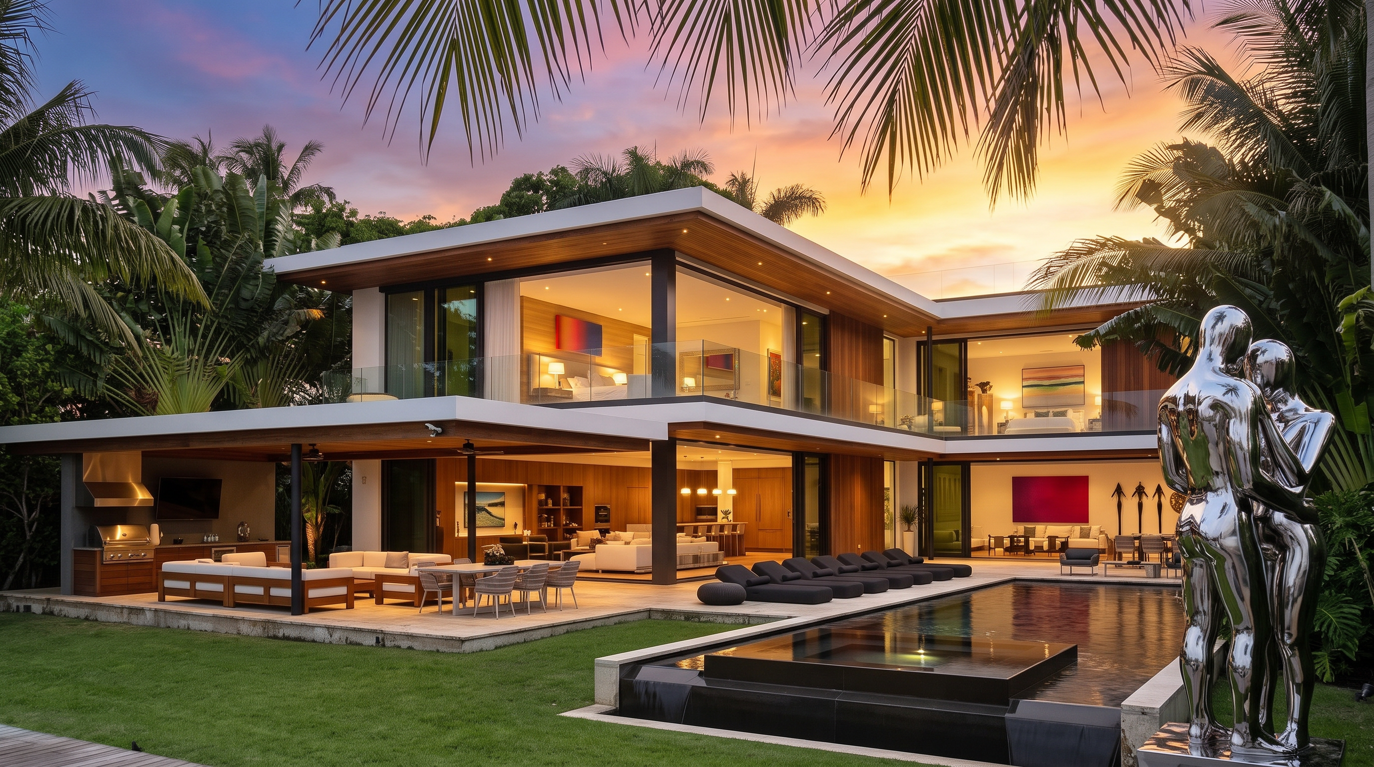 This stunning contemporary residence showcases a seamless indoor-outdoor transition, featuring a large covered patio with an outdoor kitchen, dining area, and lounge space. The property emphasizes luxurious modern living with its expansive floor-to-ceiling glass walls, a sleek infinity-edge pool, and a manicured lawn framed by lush palm trees. The striking metallic sculpture in the foreground and the elegant sunset backdrop create a sophisticated and inviting resort-style ambiance.