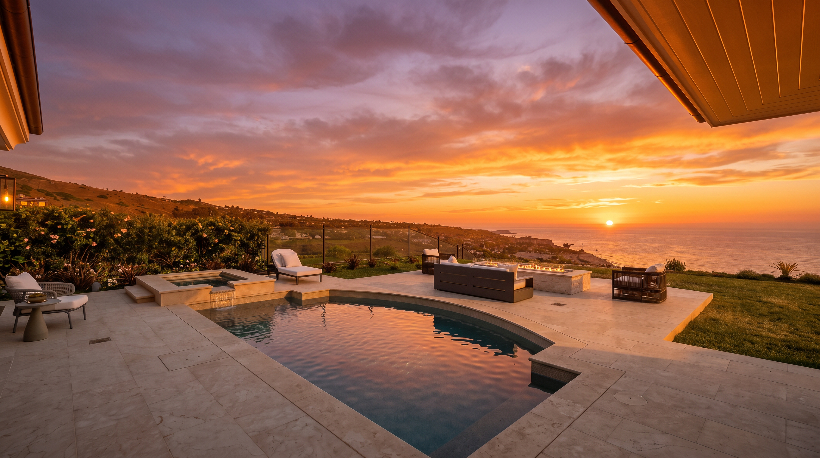 This expansive outdoor living space features a custom-shaped swimming pool and integrated spa set against a stunning panoramic ocean view. The stone-paved patio includes a modern lounge area with a rectangular fire feature and comfortable outdoor seating, all overlooking the coastal landscape. The scene captures a luxurious, serene atmosphere perfect for entertaining, with the horizon meeting the clear blue sky.