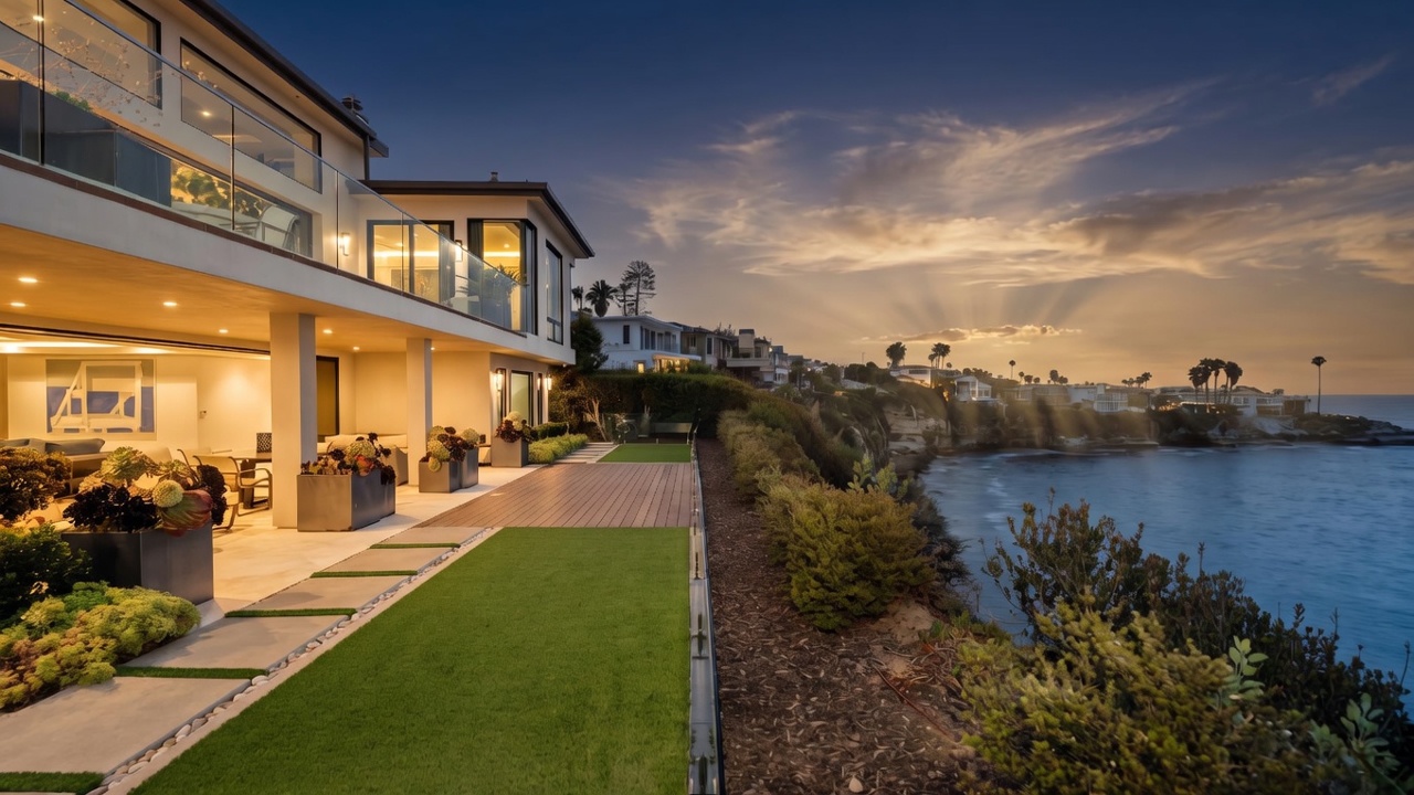 This stunning coastal property features a modern, multi-level design with expansive glass railings and a seamless transition between the indoor living area and the outdoor patio. The backyard includes a manicured lawn with stone pavers, a wooden deck, and lush landscaping, all overlooking a dramatic cliffside view of the ocean at twilight. The perspective captures the home's sophisticated architecture against a vibrant blue sky, emphasizing its prime waterfront location.