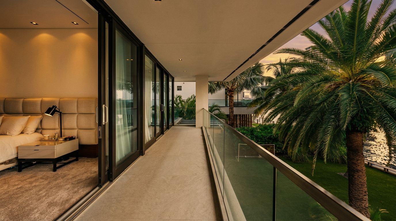 This image captures a sleek, modern balcony featuring large glass sliding doors that open into a bedroom. The balcony is finished with light-toned tile flooring and protected by a frameless glass railing, offering an unobstructed view of a lush green lawn and a prominent palm tree. The perspective is from the side of the balcony, looking out toward the landscaped yard and the water beyond.