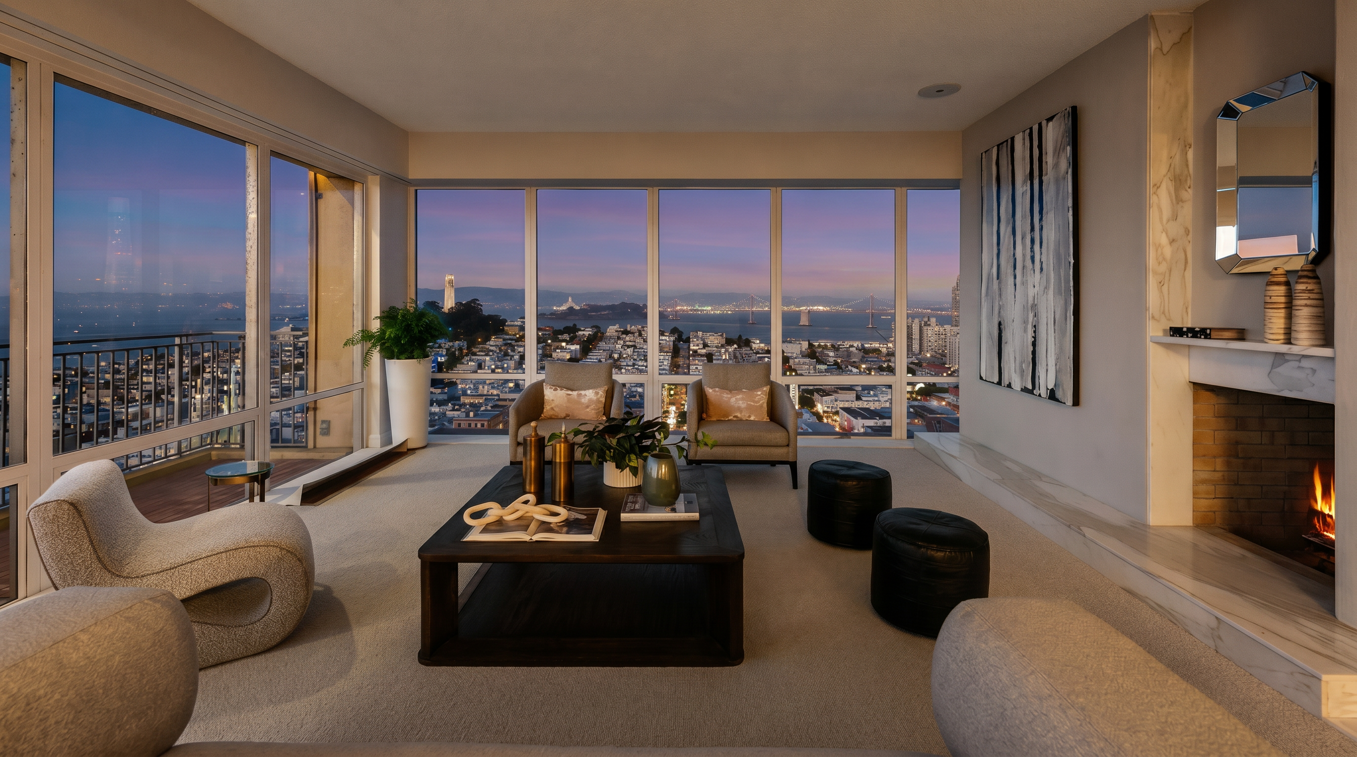 This sophisticated living room features a neutral color palette and an expansive wall of floor-to-ceiling windows that frame a panoramic city and bay view. The space is furnished with a contemporary sofa, two armchairs, and a dark wood coffee table, all arranged around a cozy fireplace with a stone-clad surround. A large abstract painting hangs on the wall, and the room is accented by two black leather ottomans and a tall potted plant, creating an elegant and inviting atmosphere.