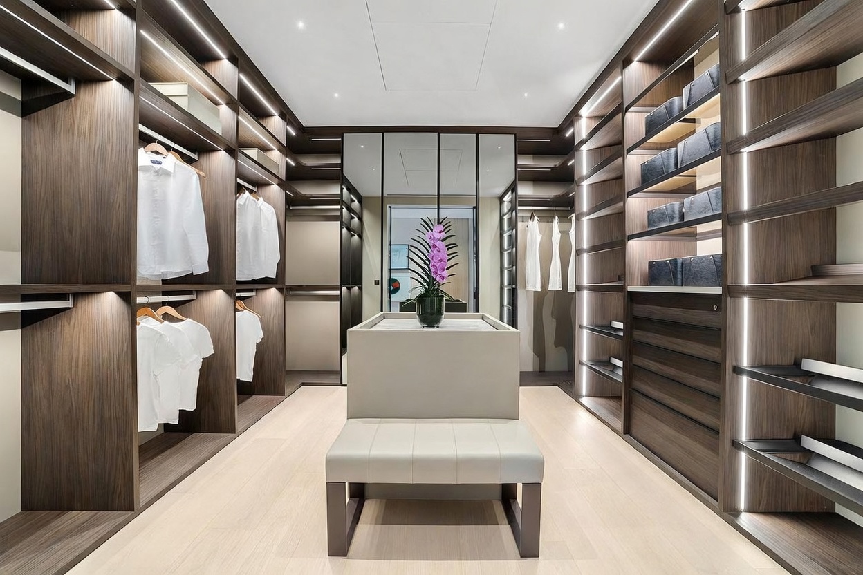 This luxurious walk-in closet features custom dark wood cabinetry with integrated LED lighting throughout the shelving and hanging sections. A central island with a light-toned top provides a focal point, topped with a decorative vase of purple orchids, while a matching bench sits in the foreground. The space is symmetrical and sophisticated, with light wood flooring and a mirrored wall at the far end that enhances the sense of depth.
