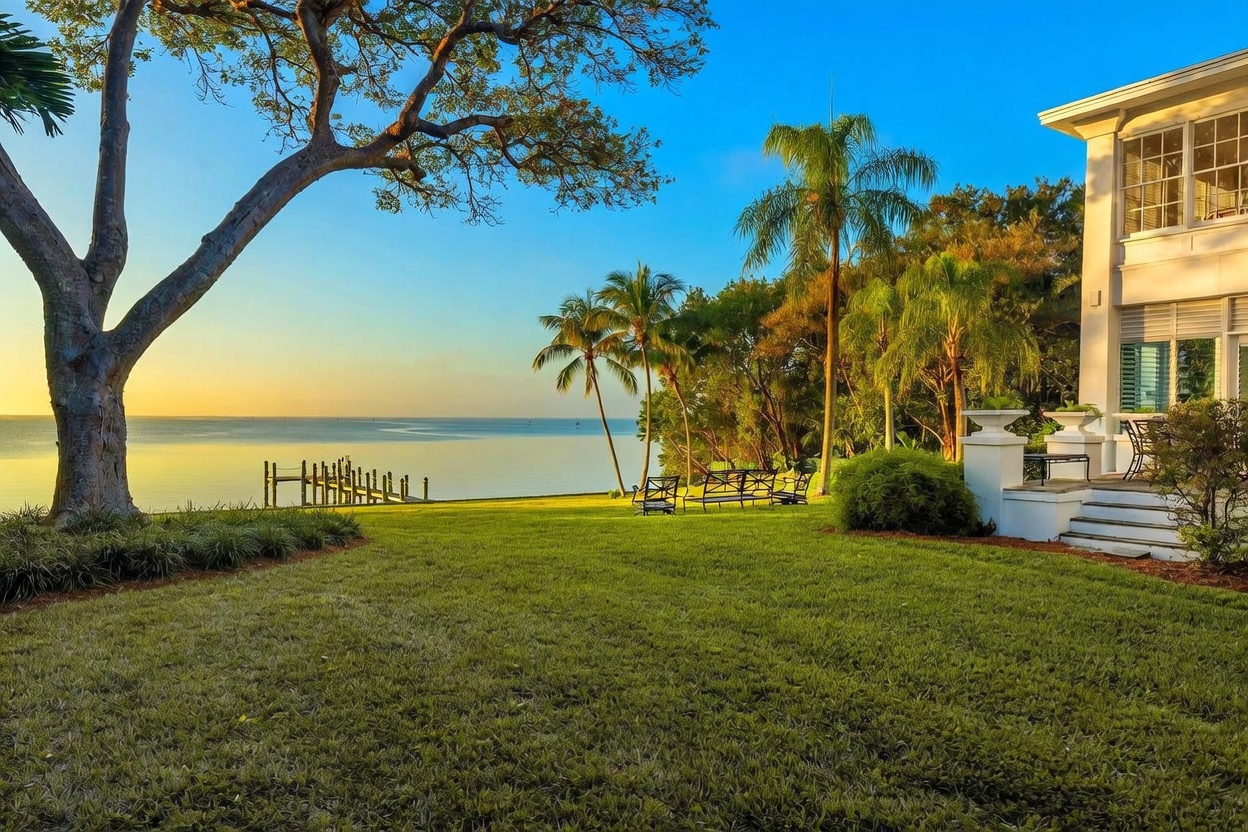 This expansive waterfront backyard features a lush, manicured lawn that slopes gently toward a calm bay. A large, mature tree frames the left side of the view, while a white-trimmed residence with a patio area sits to the right, offering a serene and picturesque setting. The scene is captured during the golden hour, casting a warm, tranquil light across the water and the surrounding tropical landscaping.