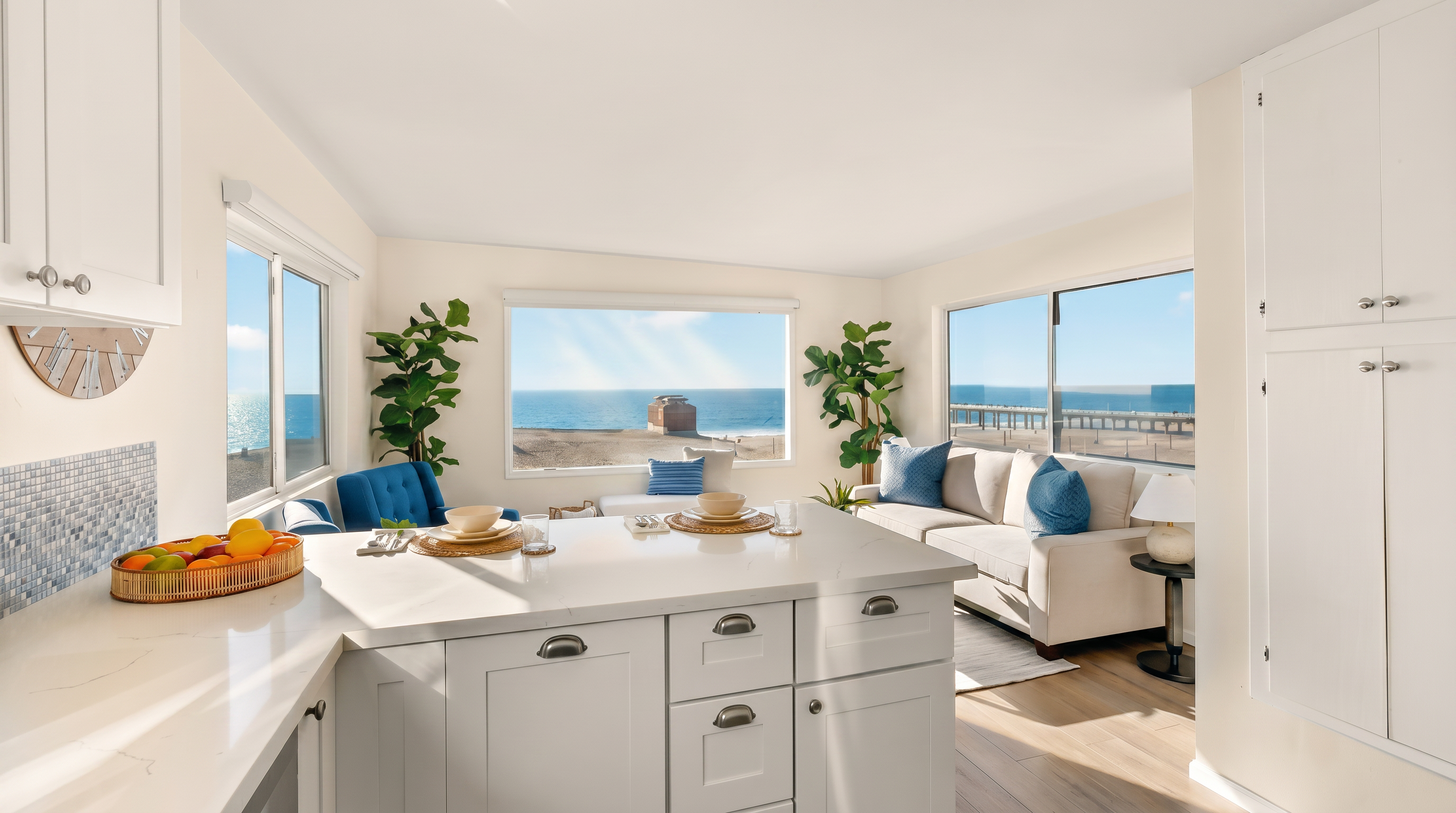 This bright, open-concept kitchen features white cabinetry and a central island with a light-toned countertop, seamlessly transitioning into a living area. Large windows provide expansive, unobstructed views of the ocean and beach, creating a serene and airy atmosphere. The space is decorated with coastal-inspired accents, including blue seating and potted greenery, emphasizing a relaxed, beachside lifestyle.