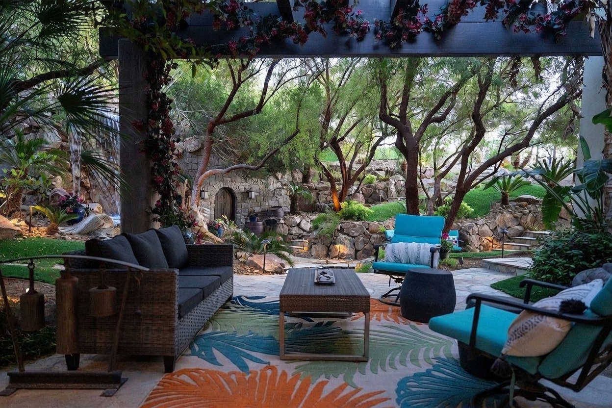 This covered patio offers a serene outdoor living space, featuring a wicker sofa and matching coffee table set atop a vibrant, patterned area rug. The space overlooks a lush, landscaped backyard with a stone-retaining wall, mature trees, and a cascading waterfall feature. The setting provides a tranquil, resort-like atmosphere perfect for relaxation and entertaining.