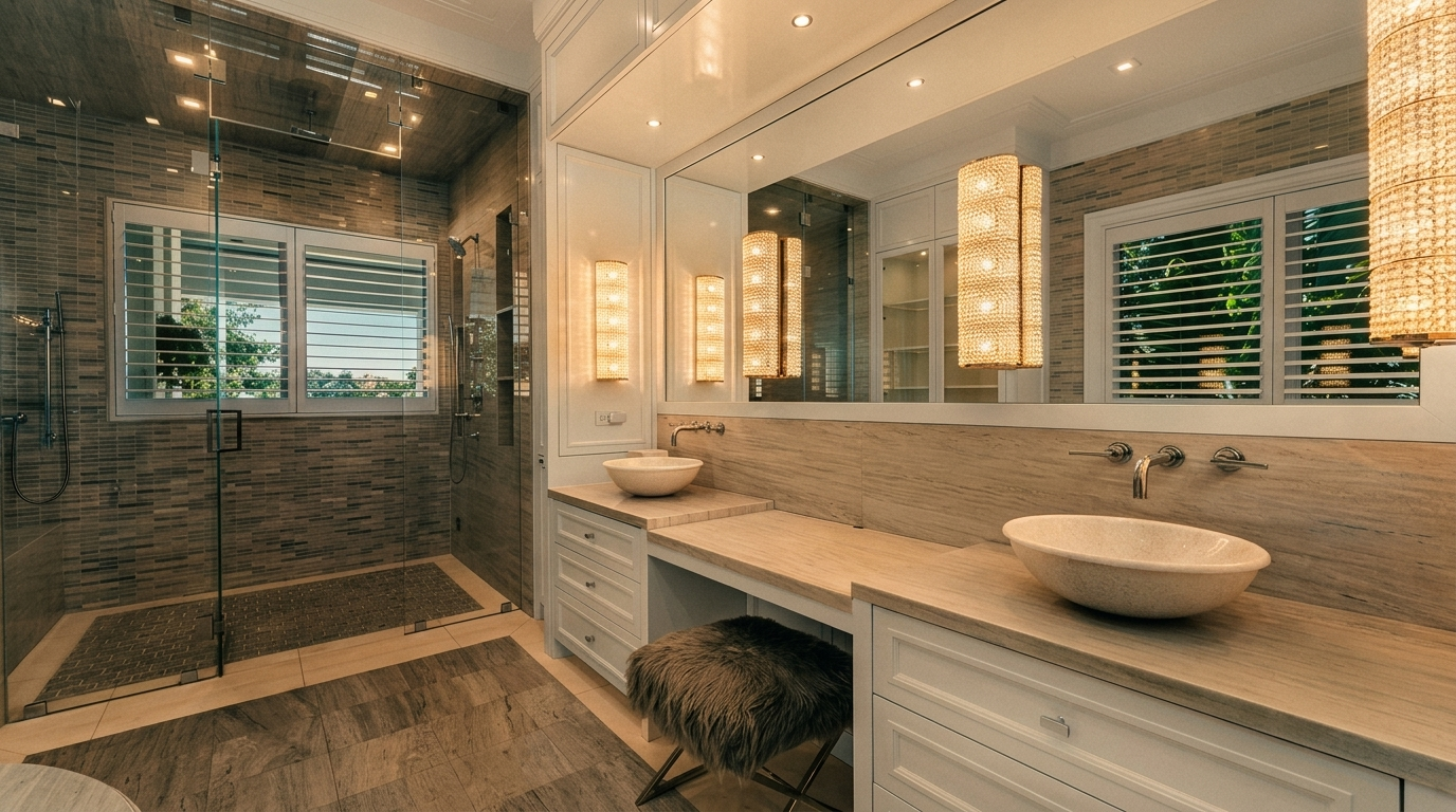 This luxurious primary bathroom features a dual-vanity setup with stone vessel sinks and a central makeup vanity area with a plush stool. A large, glass-enclosed walk-in shower with textured tile walls sits to the left, while a expansive mirror reflects the elegant wall sconces and bright lighting. The space is finished with neutral-toned stone flooring and cabinetry, creating a sophisticated and serene atmosphere.
