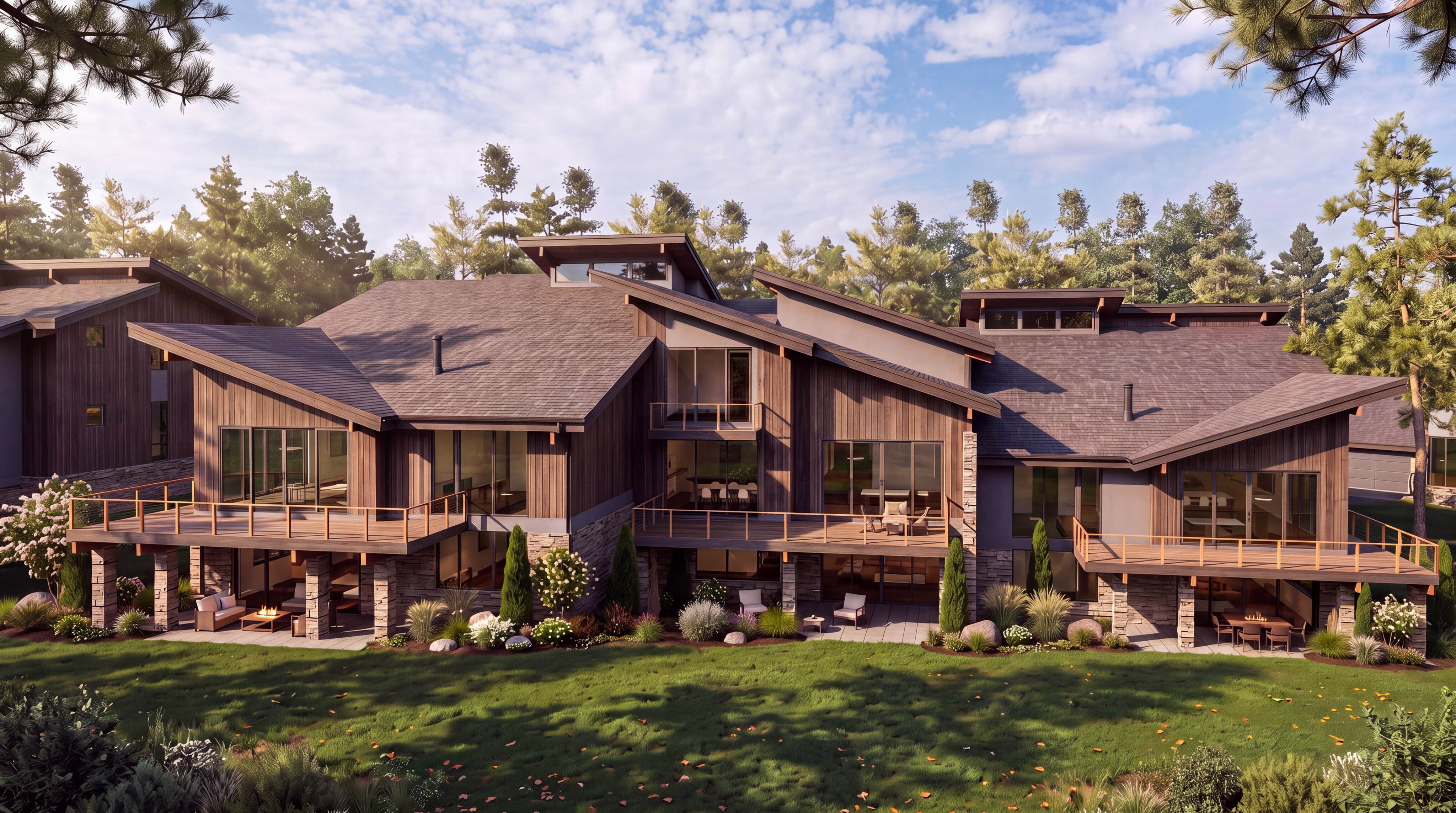 This expansive, multi-level modern mountain home features a sophisticated blend of dark wood siding and natural stone accents. The rear elevation showcases multiple levels of spacious wooden decks and covered patios, providing seamless indoor-outdoor living with large windows that offer panoramic views. The architectural design incorporates complex, multi-pitched rooflines and a landscaped lawn, creating a luxurious and serene retreat.