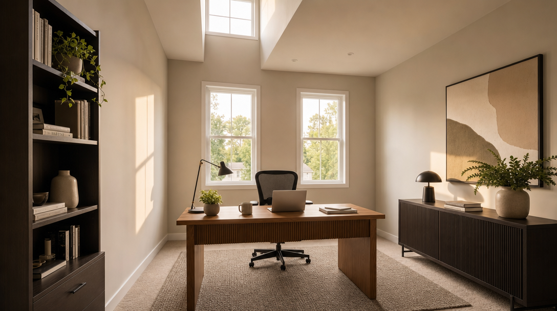 This sophisticated home office features a warm, neutral color palette with natural wood tones and elegant minimalist furniture. The room is anchored by a spacious desk and a dark wood bookcase, bathed in soft ambient light from the large windows and overhead skylight. The space offers a calming, professional atmosphere ideal for productivity.