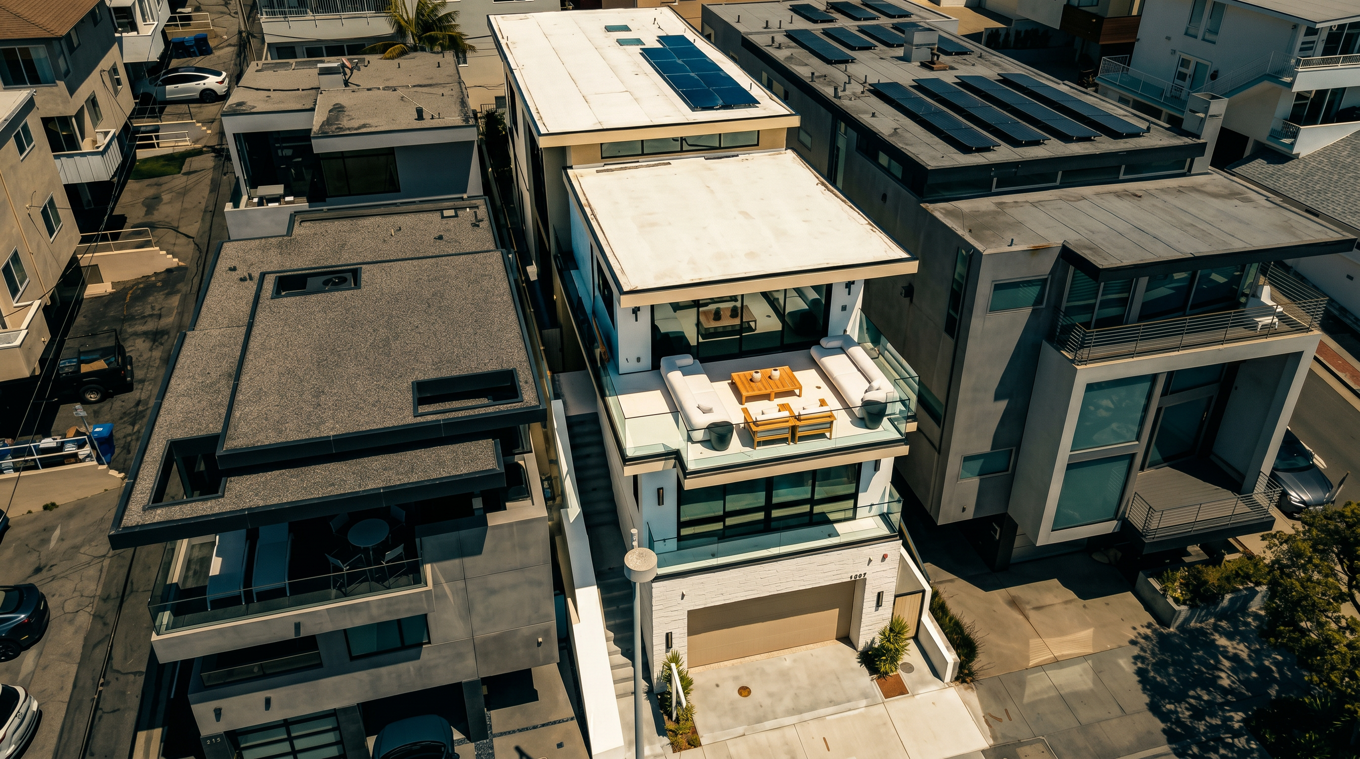 This high-angle aerial perspective captures a contemporary multi-story residential property nestled in a dense coastal neighborhood. The home features a prominent second-level outdoor deck furnished with lounge seating, clean architectural lines, and a flat roof equipped with solar panels. The surrounding environment shows a tight urban layout with neighboring modern homes, paved alleys, and street-level access.