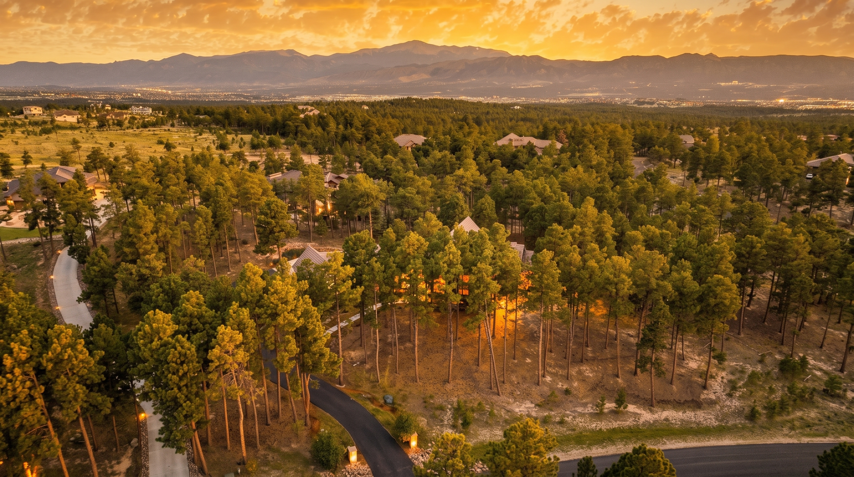This high-angle aerial view captures a secluded luxury residence nestled within a dense pine forest at sunset. The home features a complex, multi-pitched roofline and is illuminated by warm interior lighting that glows through the trees, creating a serene and inviting atmosphere. In the background, a vast landscape stretches toward a distant mountain range under a vibrant, cloud-streaked sky.