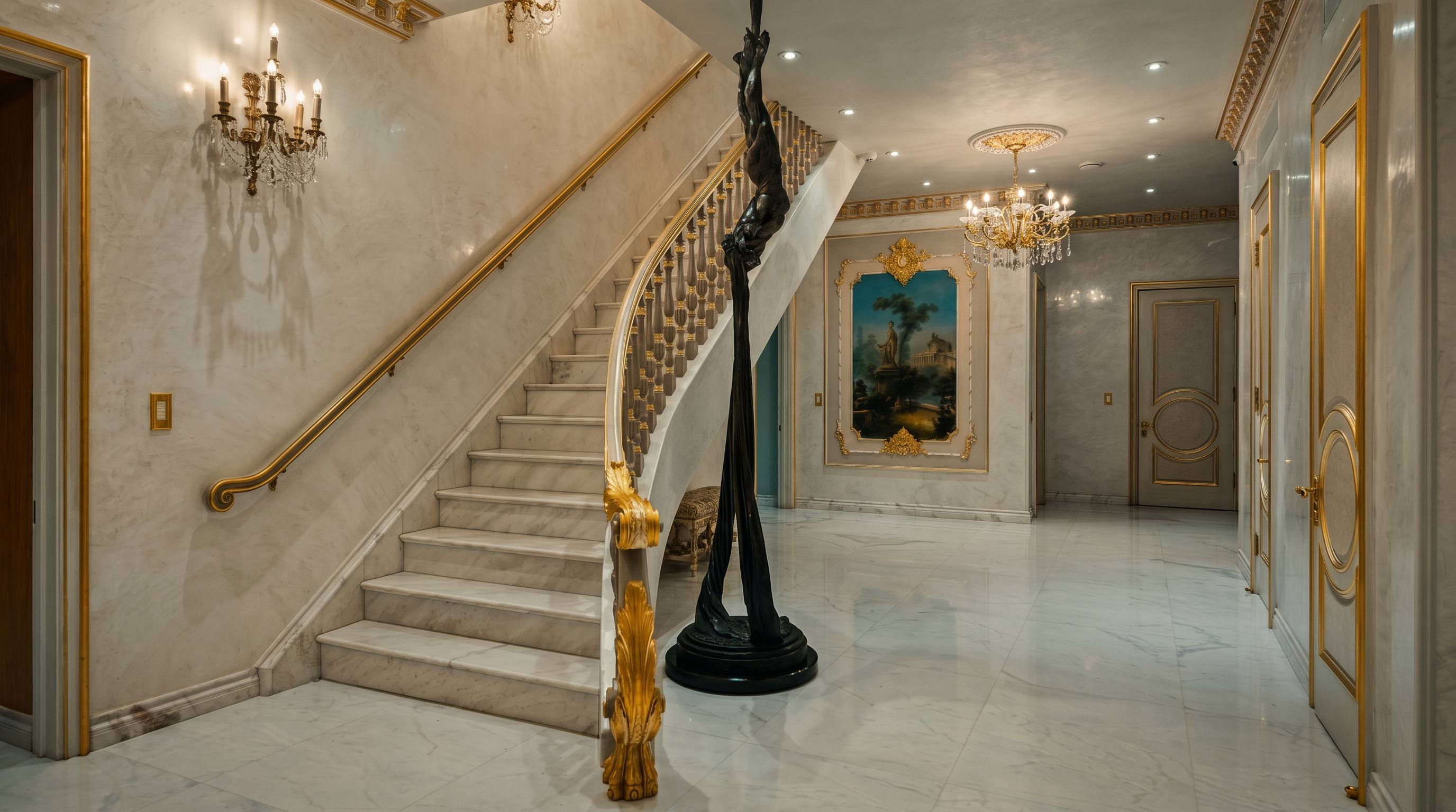 This grand foyer features a sweeping marble staircase with ornate gold-leaf accents and a dramatic, tall bronze sculpture at its base. The space is finished with polished white marble flooring, intricate crown molding, and a classic crystal chandelier, creating an atmosphere of opulent, neoclassical luxury. The perspective is centered on the staircase, emphasizing the height and architectural elegance of the entryway.