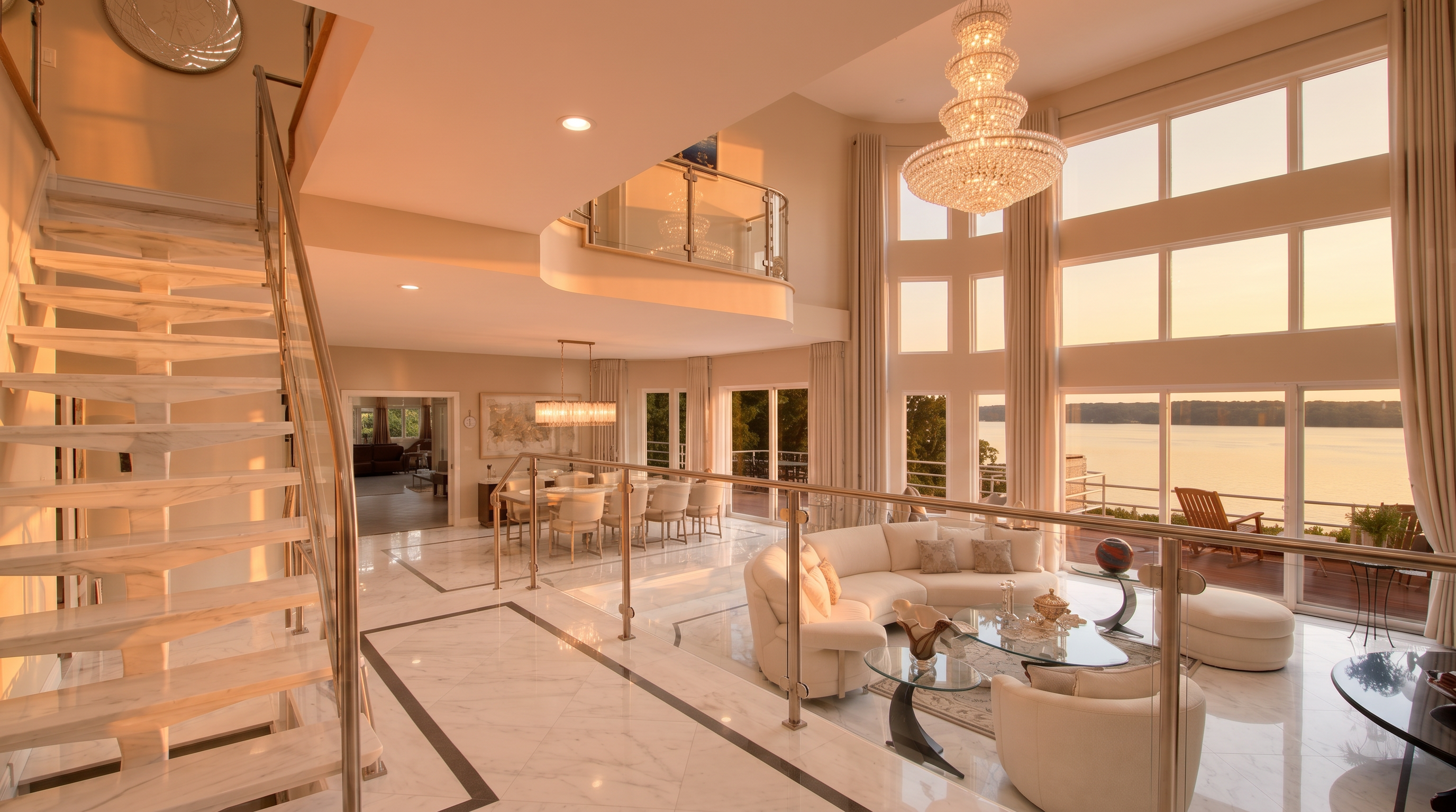 This stunning, expansive open-concept living room features soaring double-height ceilings and floor-to-ceiling windows that provide panoramic waterfront views. The space is elegantly appointed with polished marble flooring, a grand crystal chandelier, and a curved, contemporary white sofa arrangement, creating a sophisticated and airy atmosphere. The inclusion of a sleek floating staircase and glass railings adds a modern, architectural flair to this high-end residential interior.